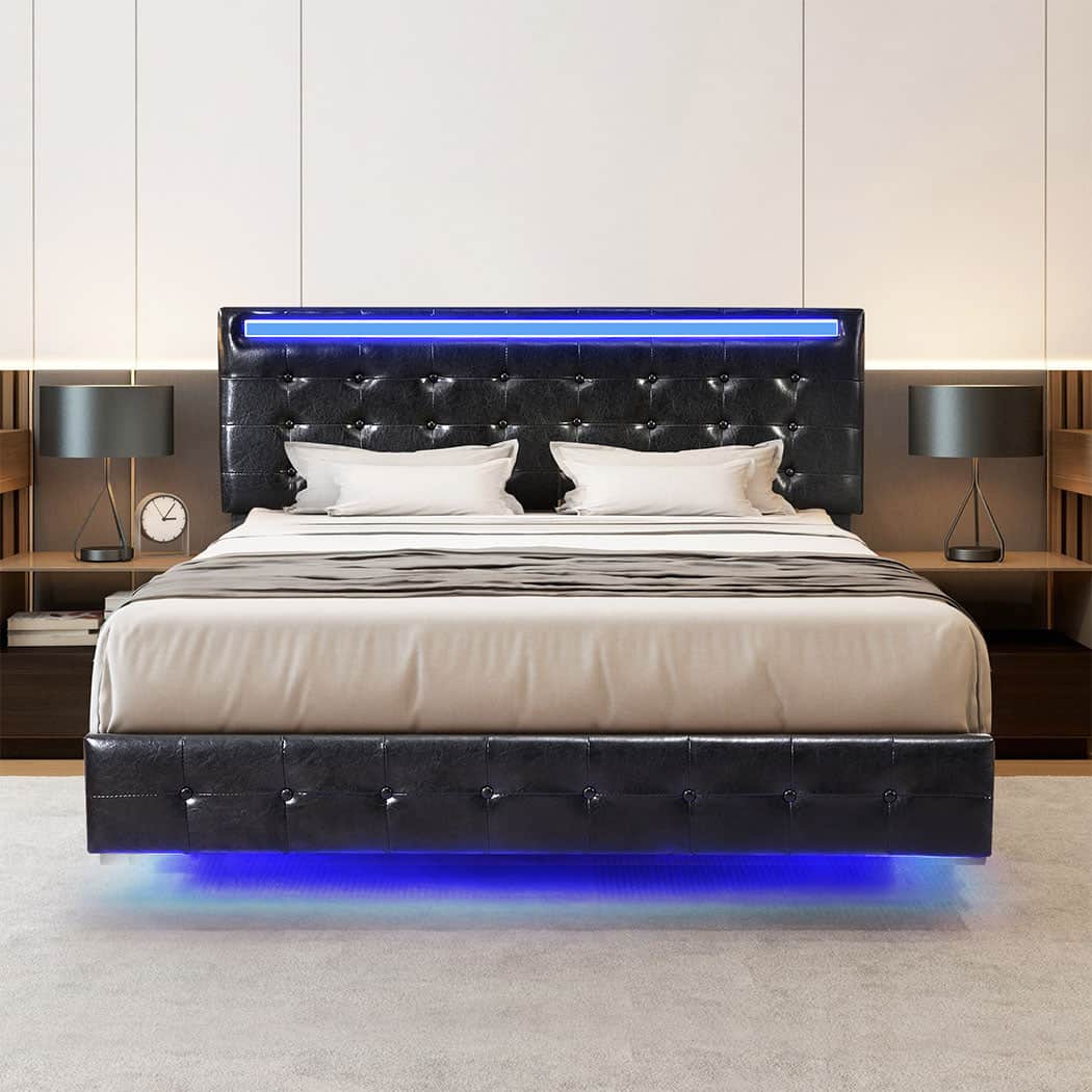Ergonomic Floating Bed Frame Double with Headboard LED Lights