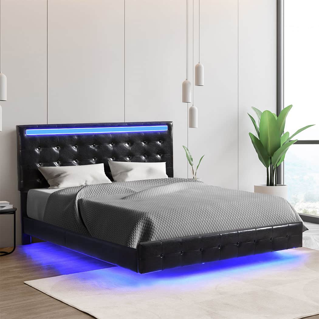 Ergonomic Floating Bed Frame Queen with Headboard LED Lights Mattress