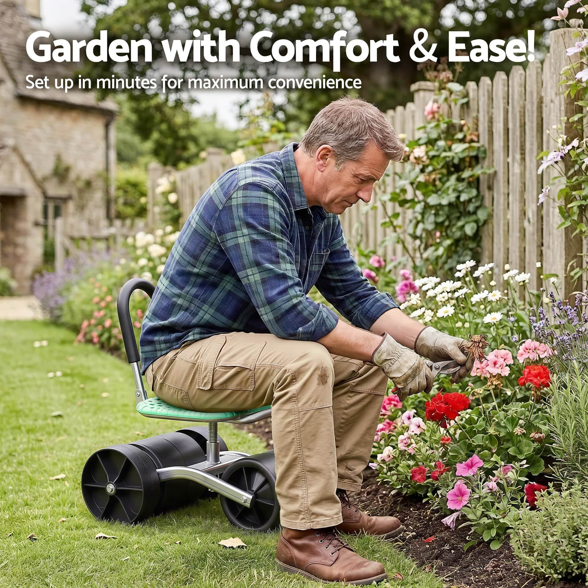 Ergonomic Gardening Cart with 360° Swivel Seat Adjustable Rolling Scooter