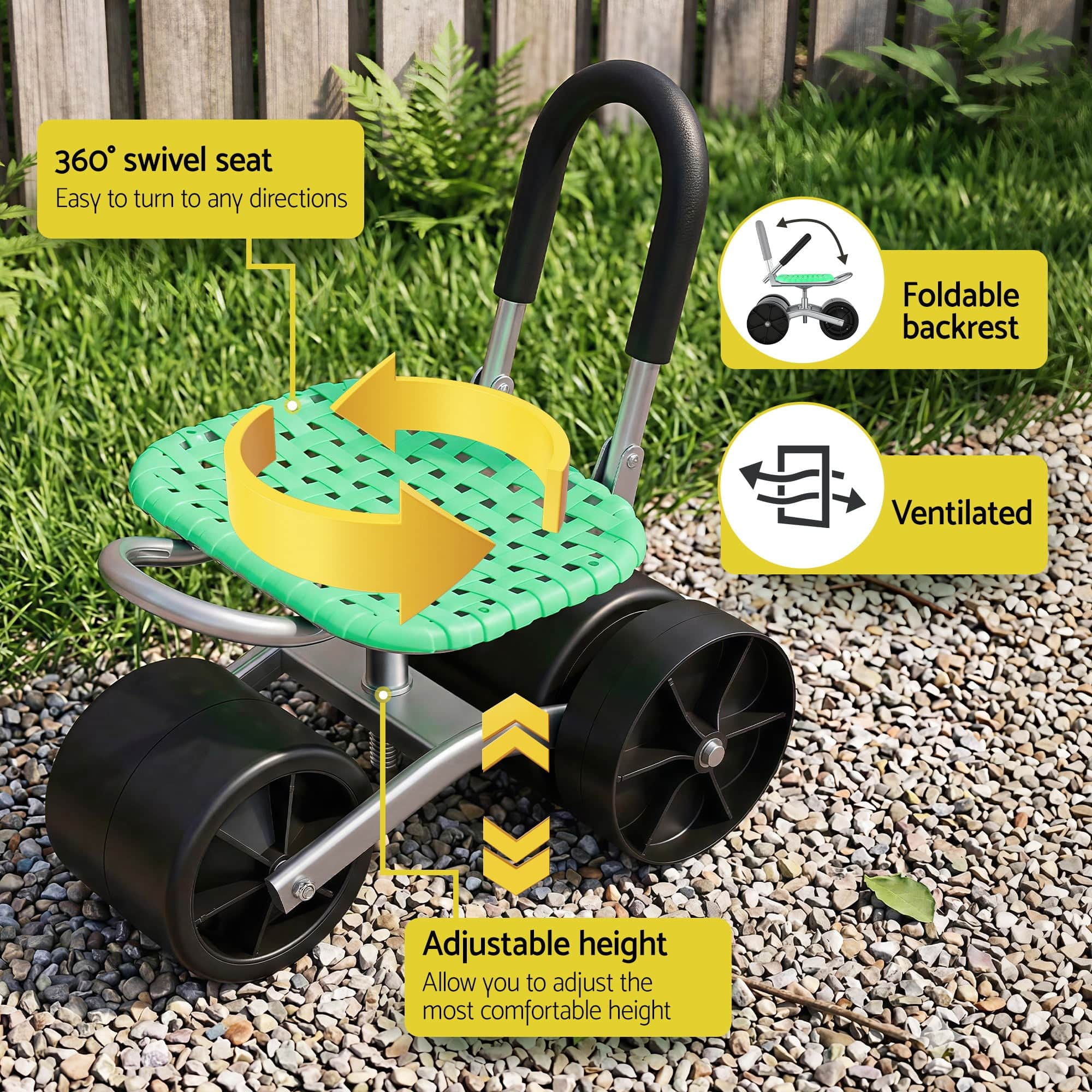 Ergonomic Gardening Cart with 360° Swivel Seat Adjustable Rolling Scooter