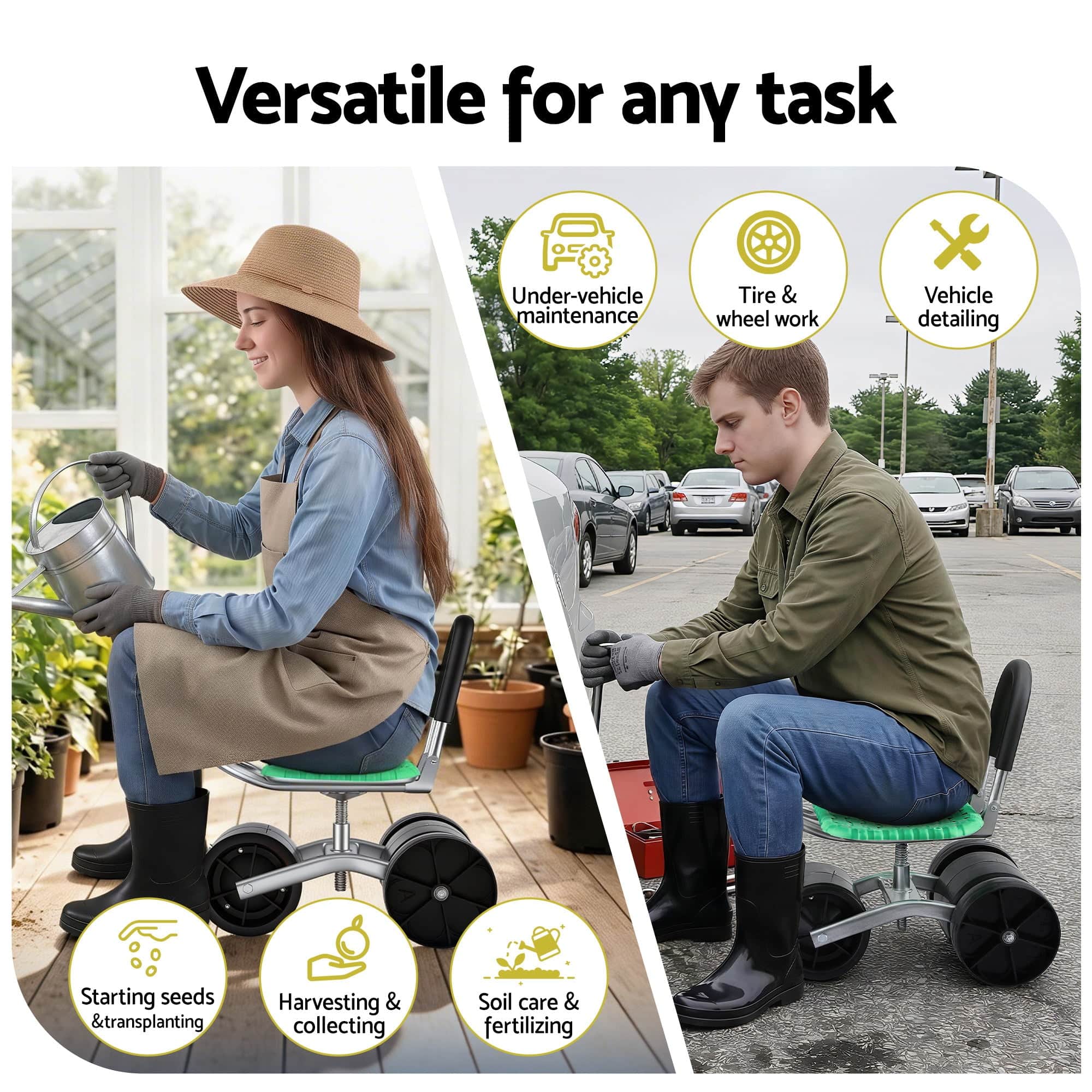 Ergonomic Gardening Cart with 360° Swivel Seat Adjustable Rolling Scooter