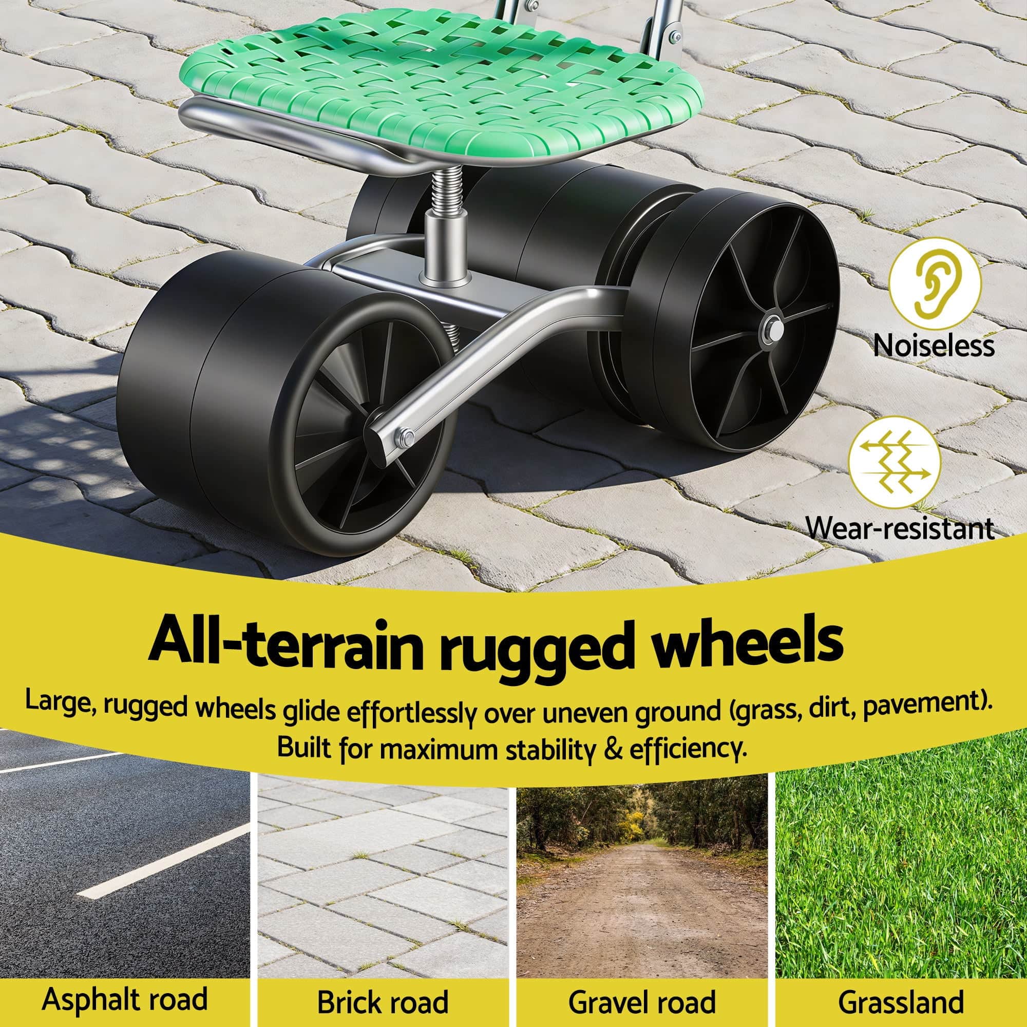 Ergonomic Gardening Cart with 360° Swivel Seat Adjustable Rolling Scooter