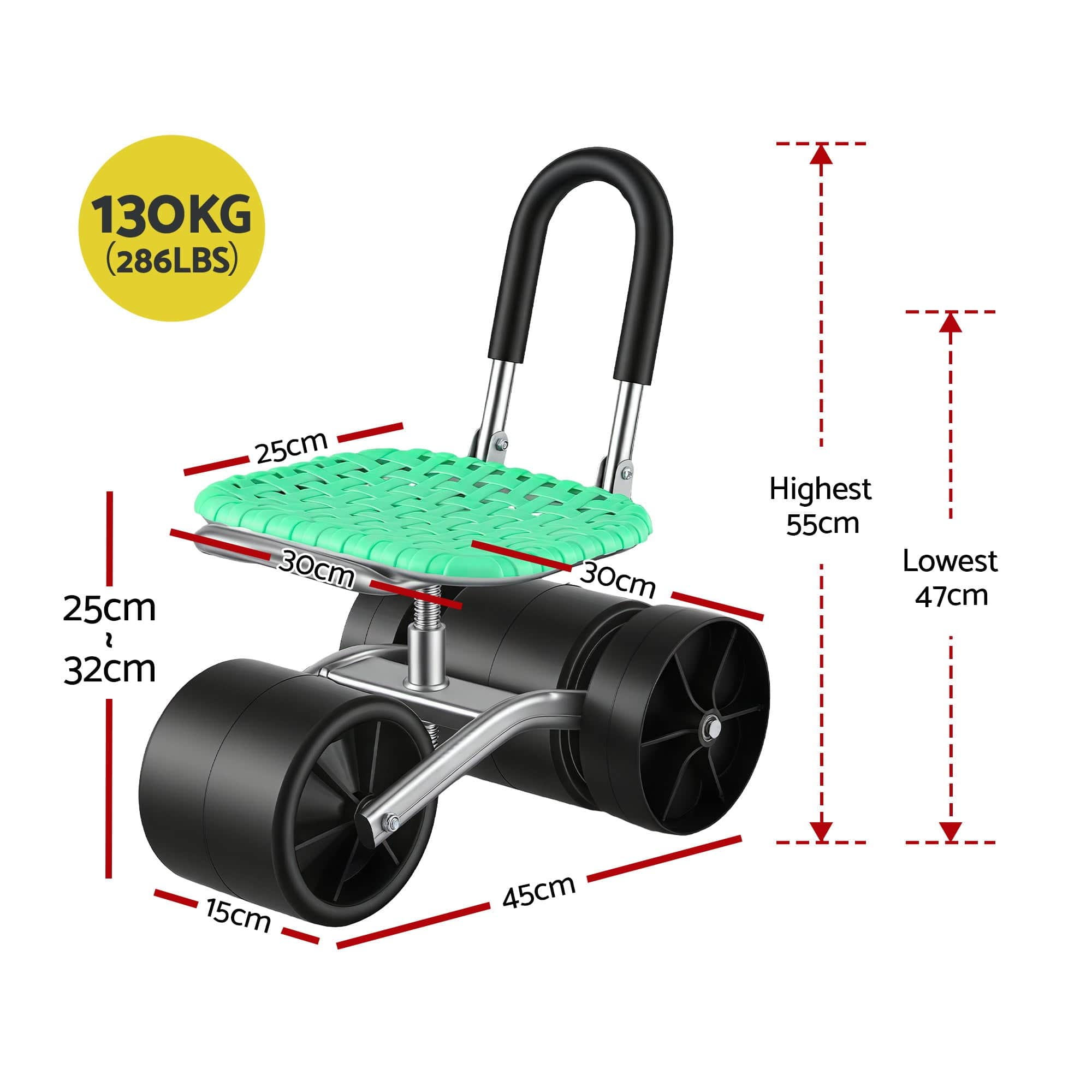 Ergonomic Gardening Cart with 360° Swivel Seat Adjustable Rolling Scooter