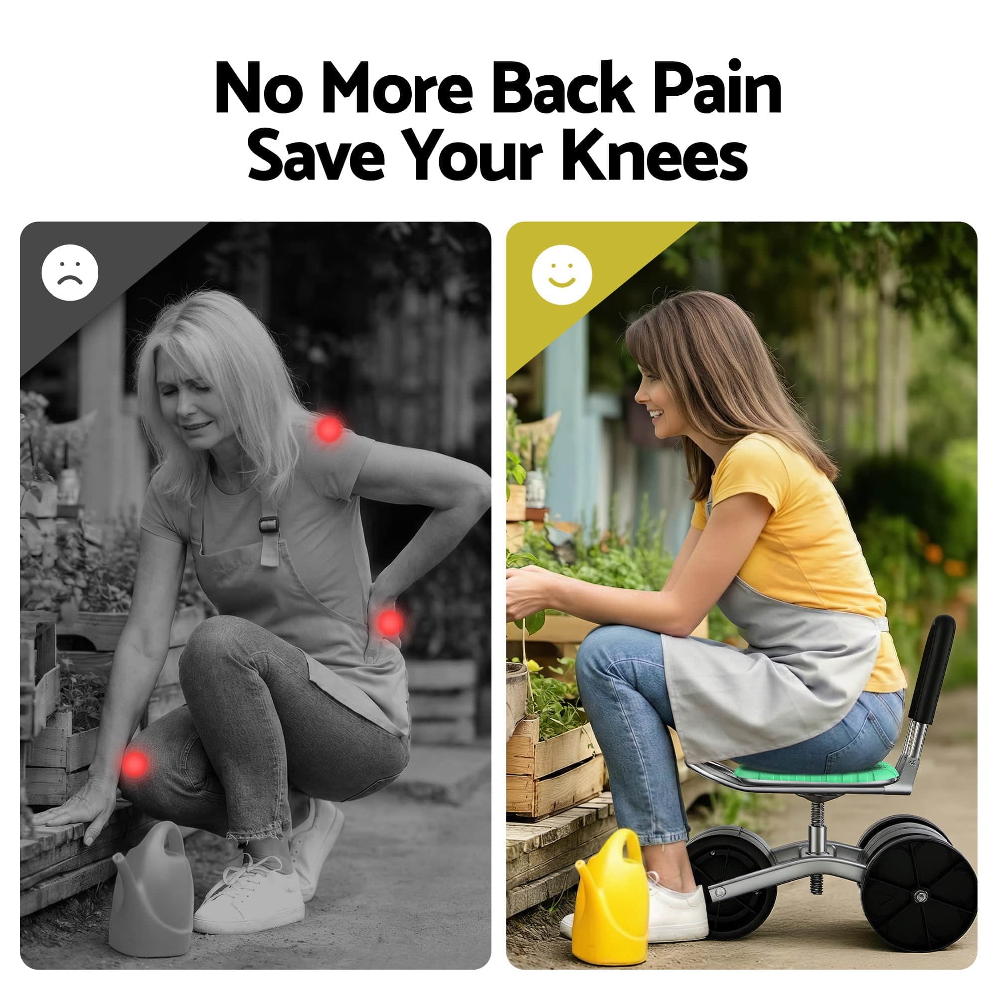 Ergonomic Gardening Cart with 360° Swivel Seat Adjustable Rolling Scooter