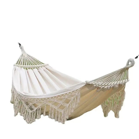 Experience Nordic Style Comfort with our 1pc Fringe Swing Cotton Rope Hammock featuring Wood Stick and Bent Wooden Bars