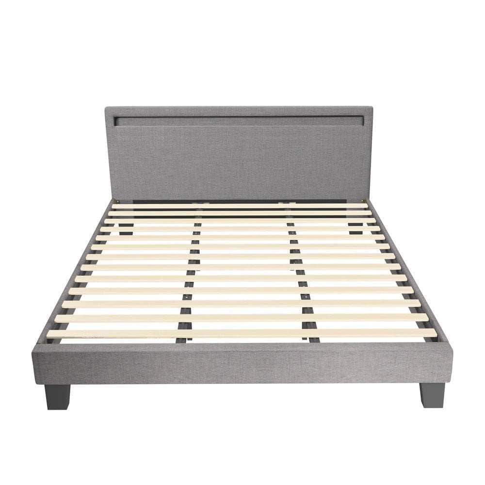 Experience the Stylish Grey Fabric Platform Bed Frame with Wooden Accents