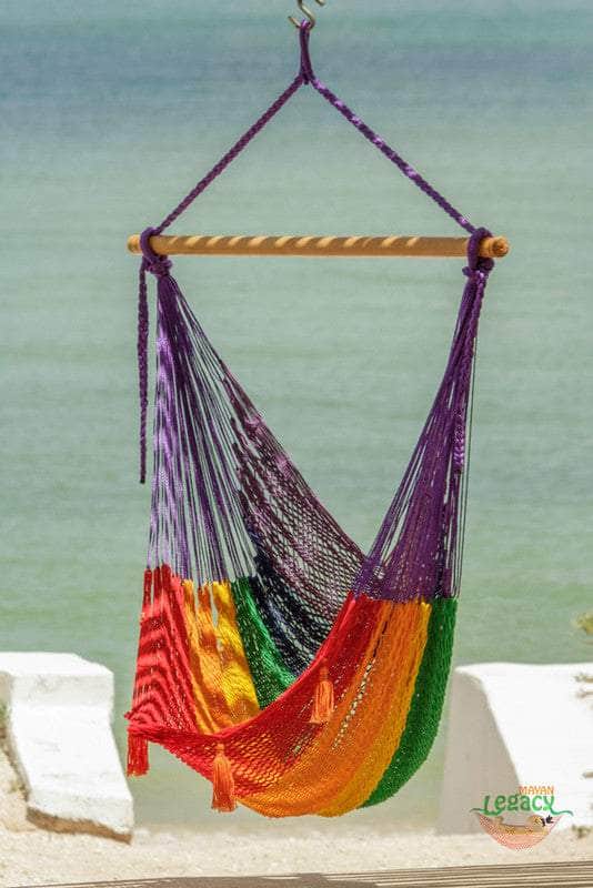 Extra Large Outdoor Cotton Mexican Hammock Chair In Rainbow Colour