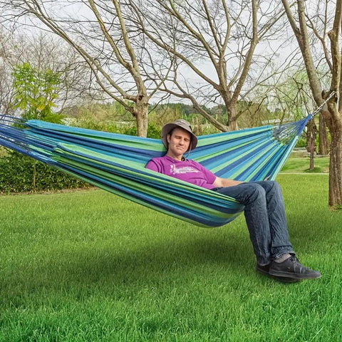 Extra Long and Wide Double-Layer Hammock for Travel and Camping: Blue/Green Stripes
