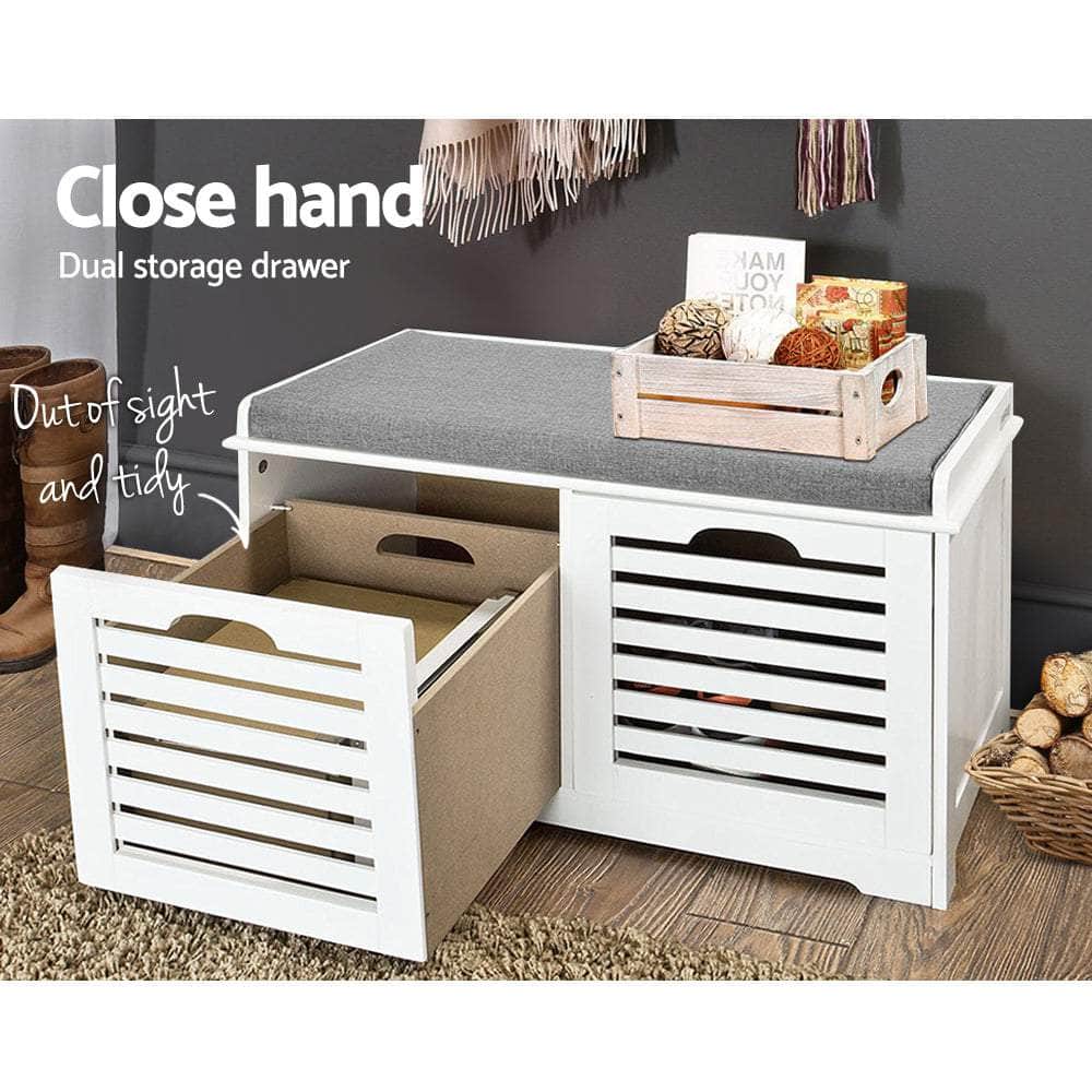 Fabric Shoe Bench with Drawers - White & Grey