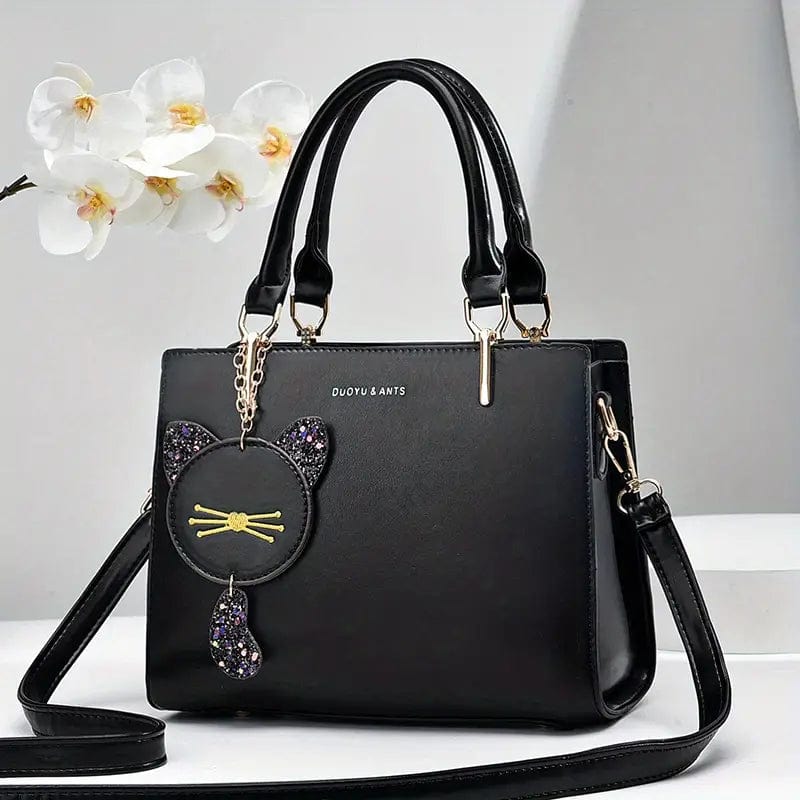 Fashion Tote Bag with Solid Color and Cute Cat Pendant