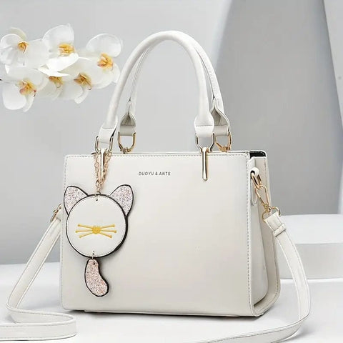 Fashion Tote Bag with Solid Color and Cute Cat Pendant