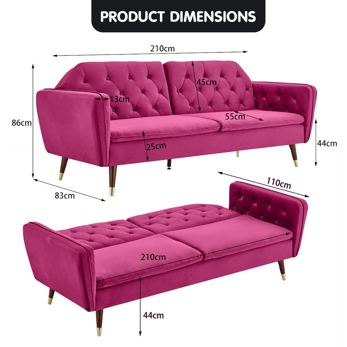 Faux Velvet Tufted Sofa Bed Couch Futon - Burgundy