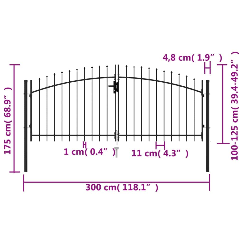 Fence Gate Double Door with Spike Top Steel   Black