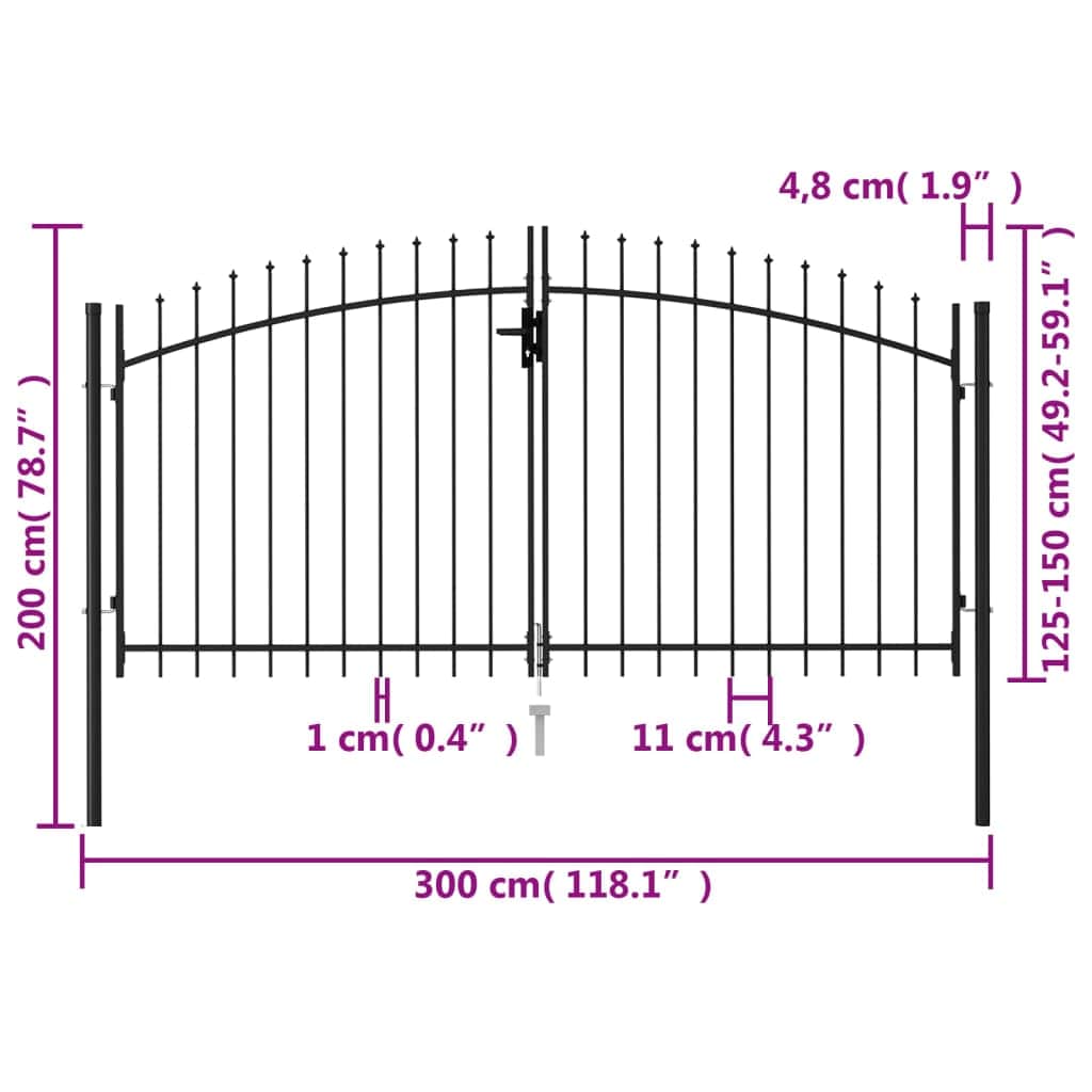Fence Gate Double Door with Spike Top Steel Black