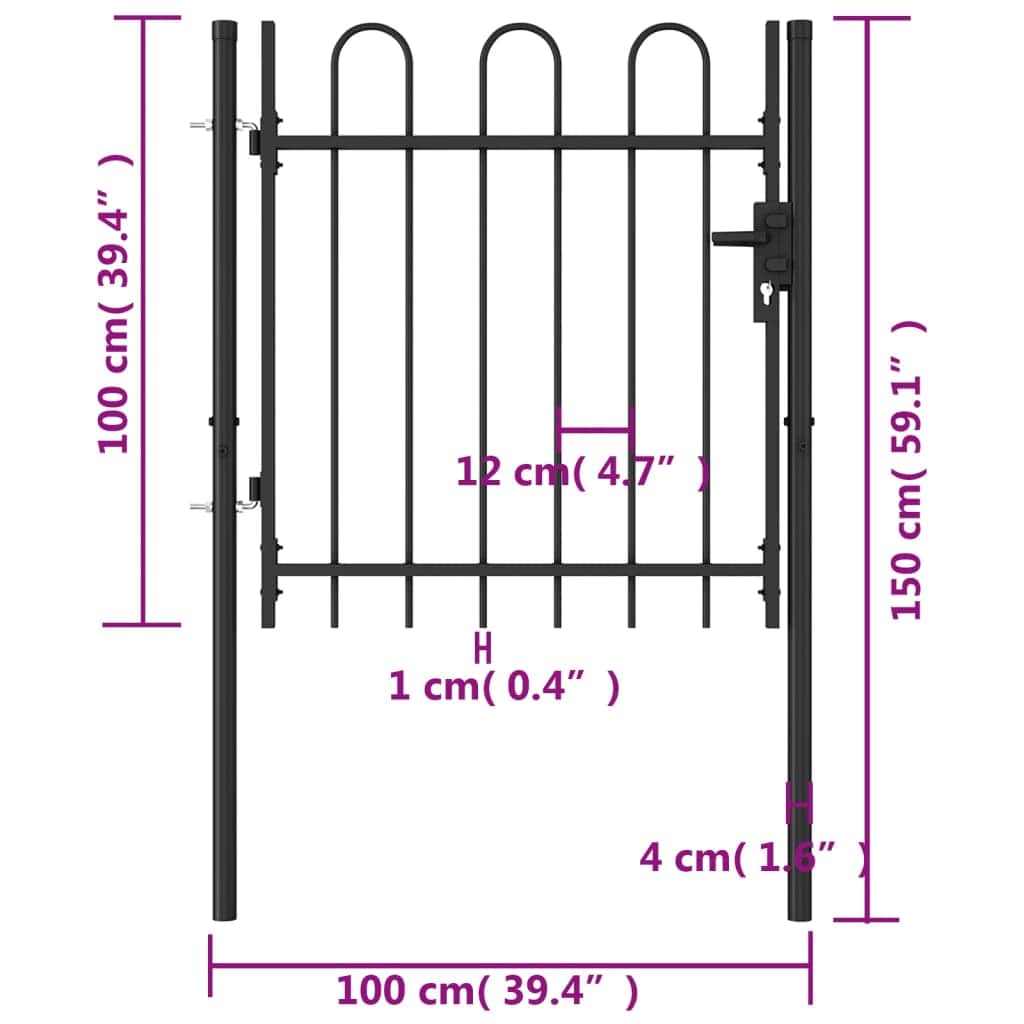 Fence Gate Single Door with Arched Top Steel Black
