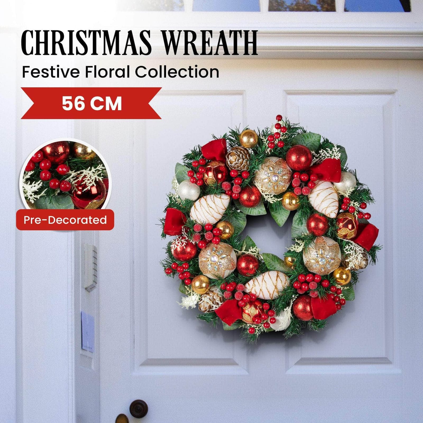 Festive Floral Christmas Wreath - 56cm - 56Cm