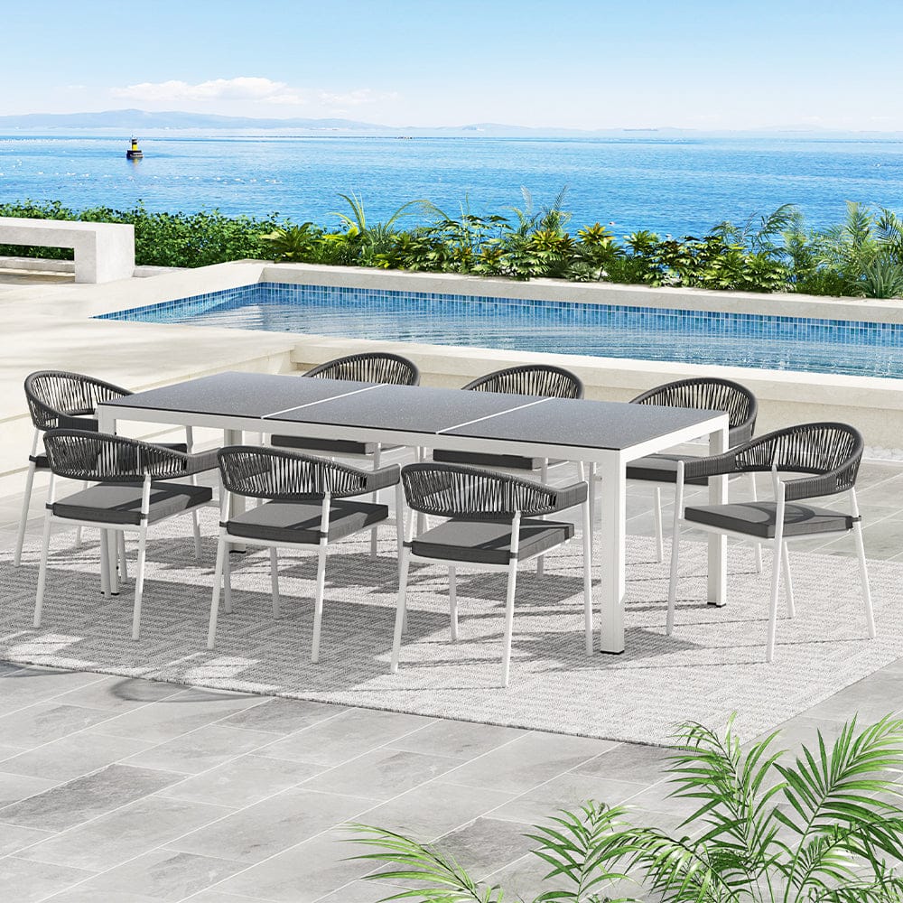 Outdoor Dining Set 9 Piece Steel Table Chairs Setting White - White colour