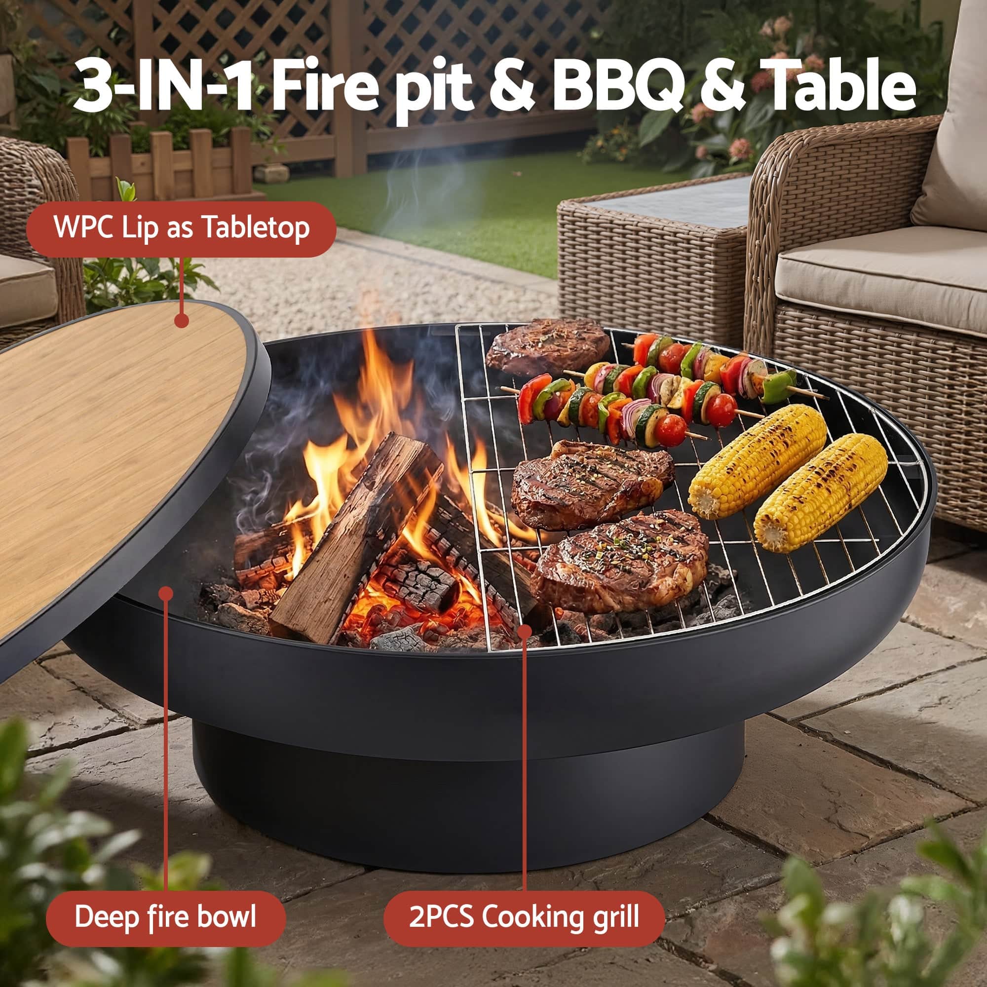 Fire Pit Table 3-in-1 Wood Burning BBQ Grill Round Patio Table