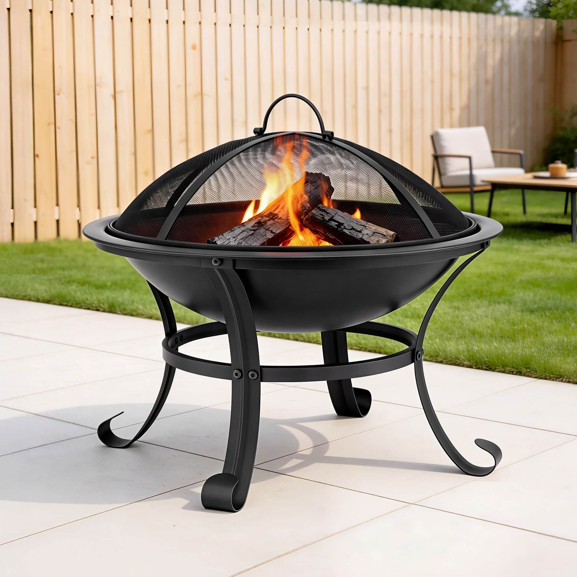 Fire Pit with BBQ Grill Mesh Lid Wood Burning Outdoor Patio Firepit