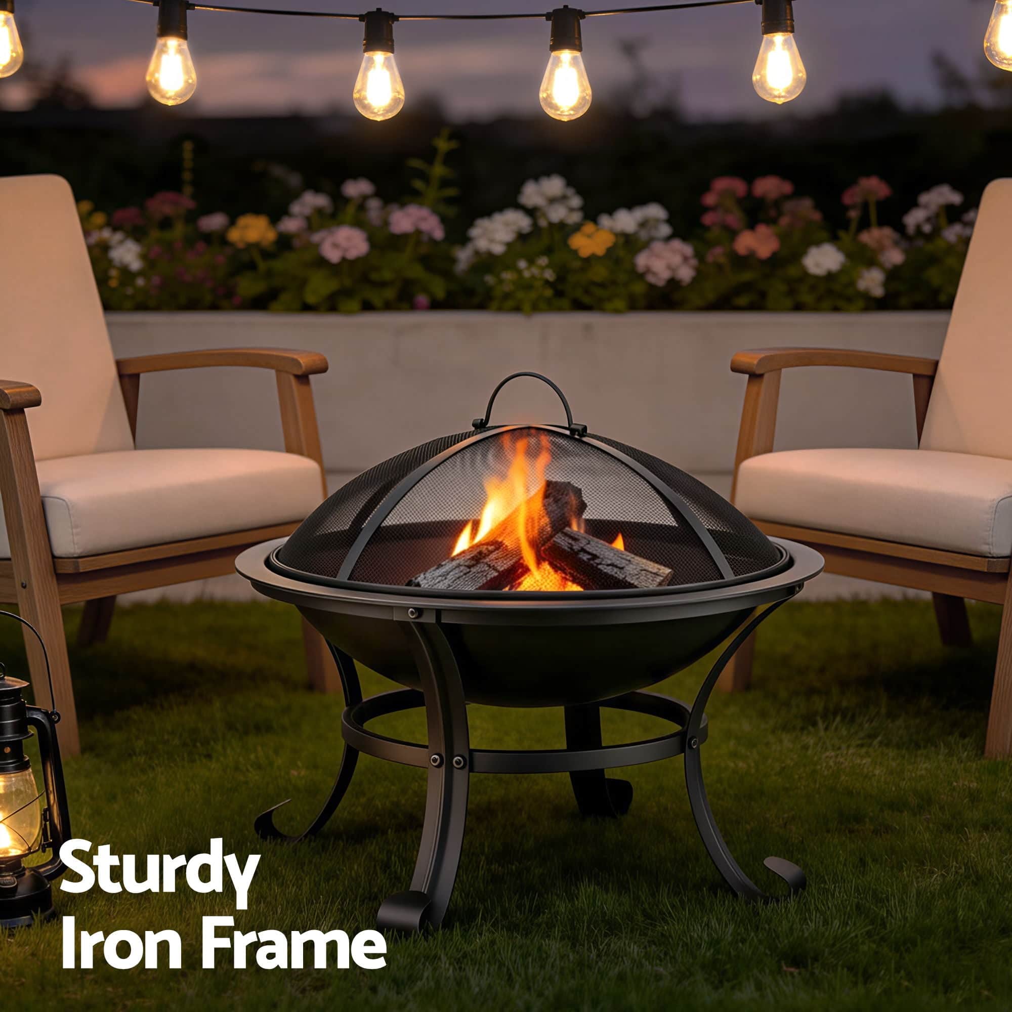 Fire Pit with BBQ Grill Mesh Lid Wood Burning Outdoor Patio Firepit