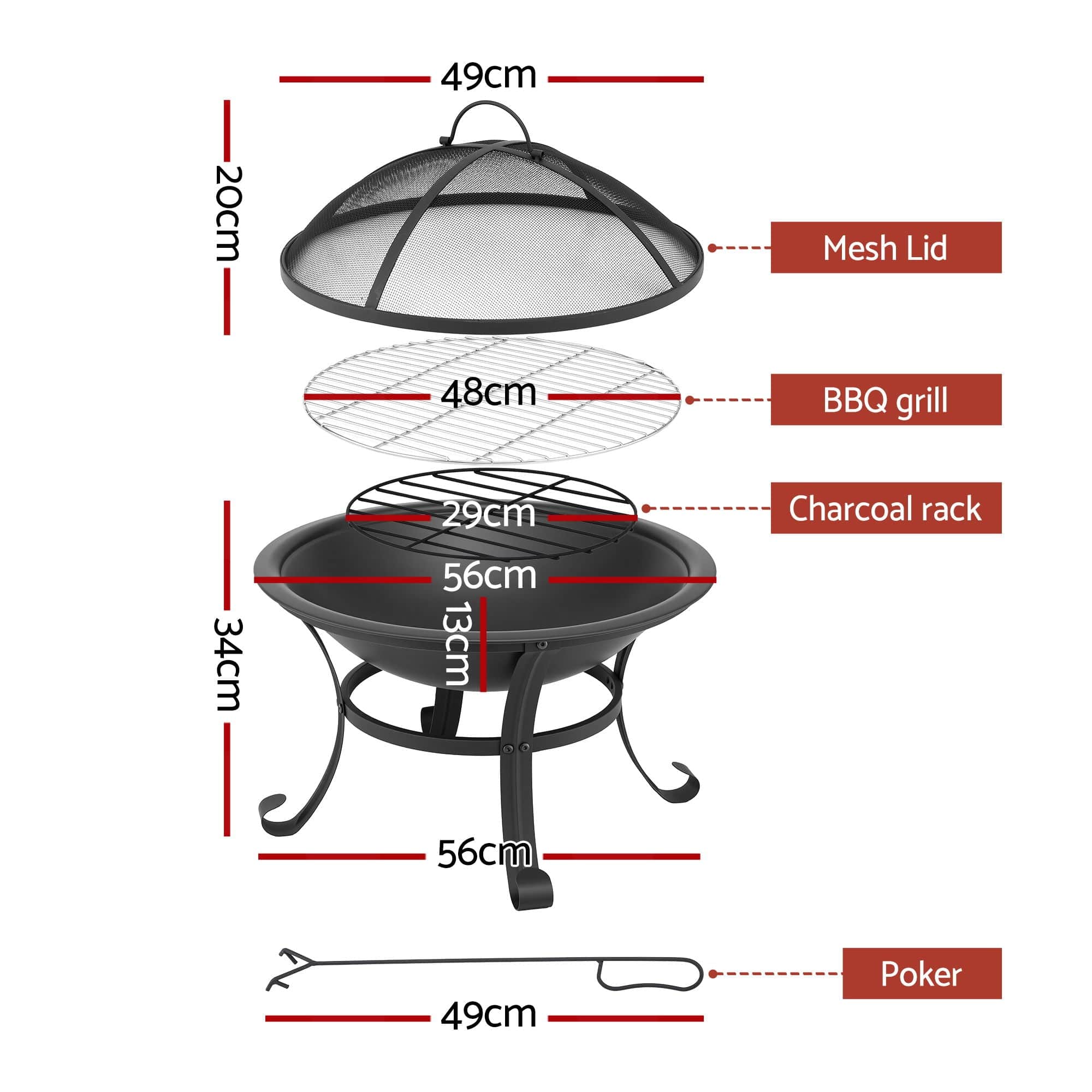 Fire Pit with BBQ Grill Mesh Lid Wood Burning Outdoor Patio Firepit