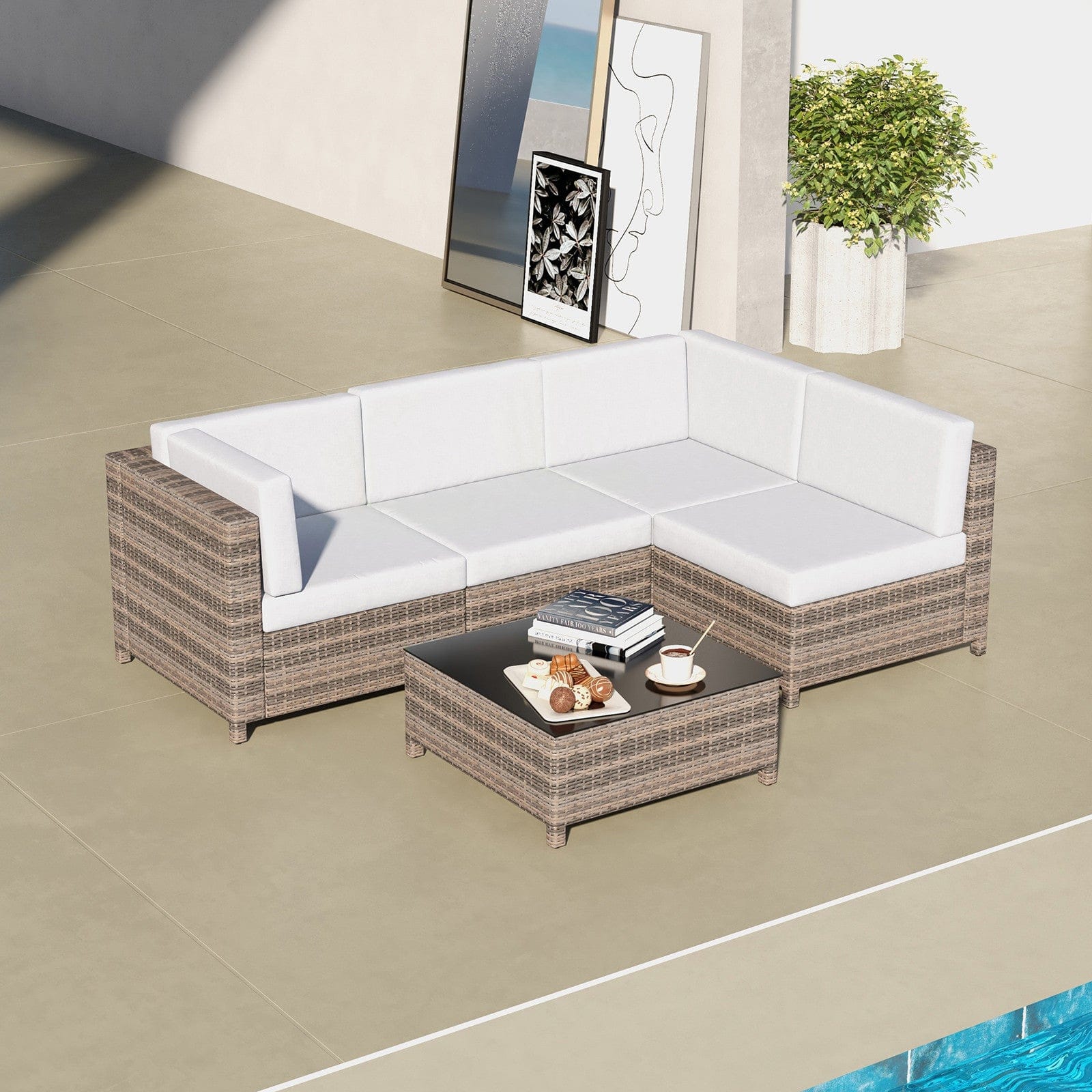 Flexible 5-Piece Oatmeal and Black Rattan Sofa Set, Black colour