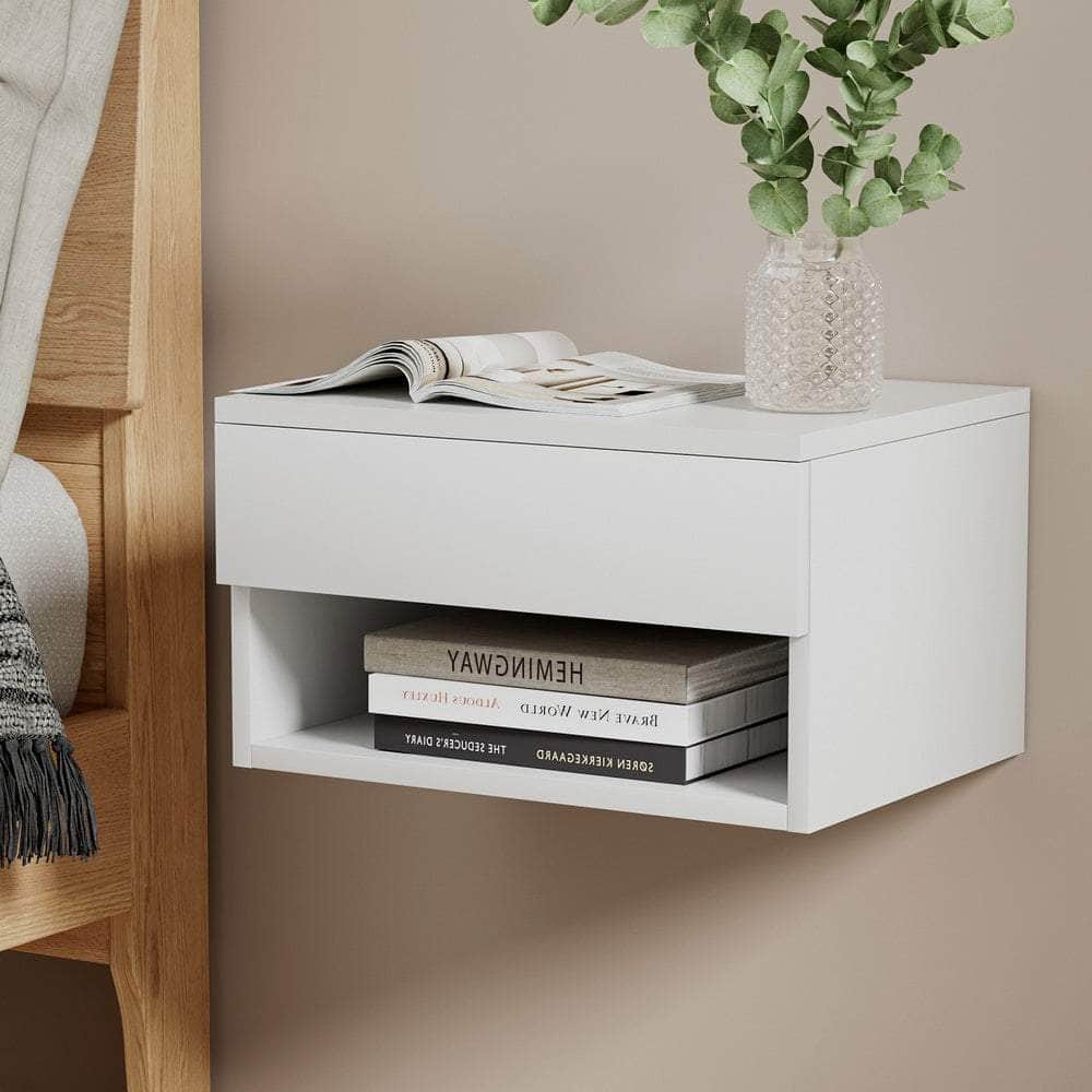 Floating Bedside Table Nightstand Drawer White, White colour