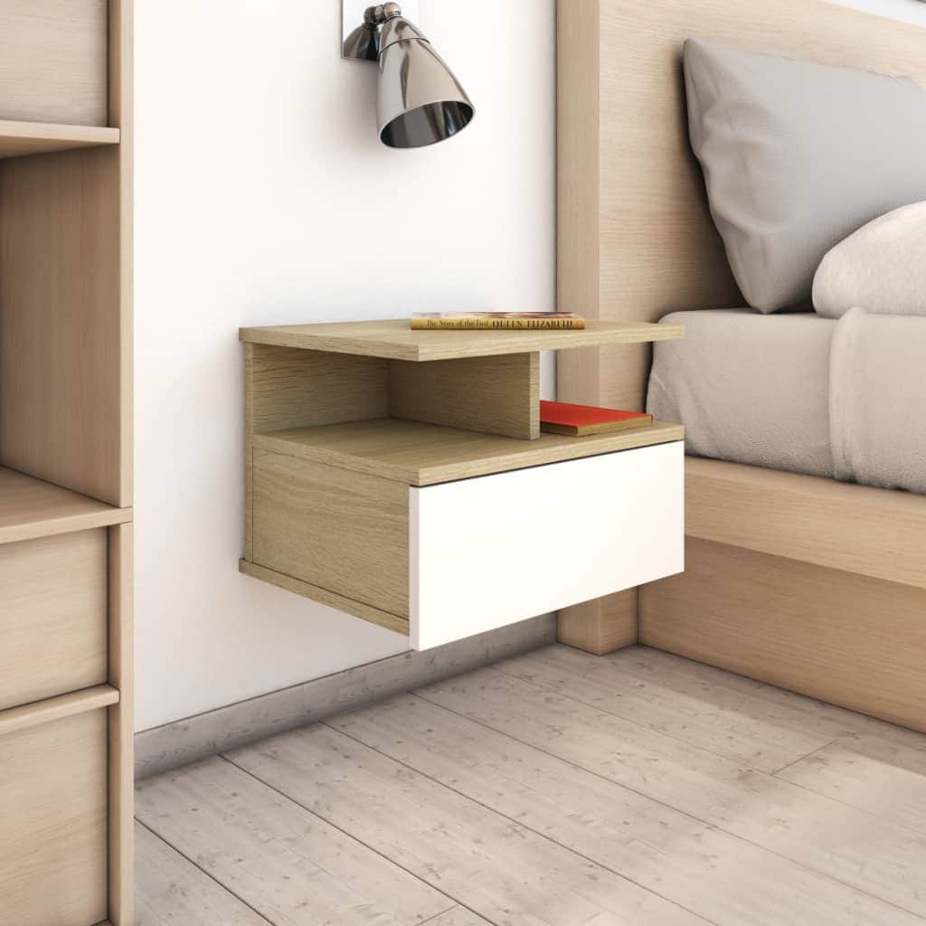 Floating Nightstands 2 pcs White and Sonoma Oak Chipboard