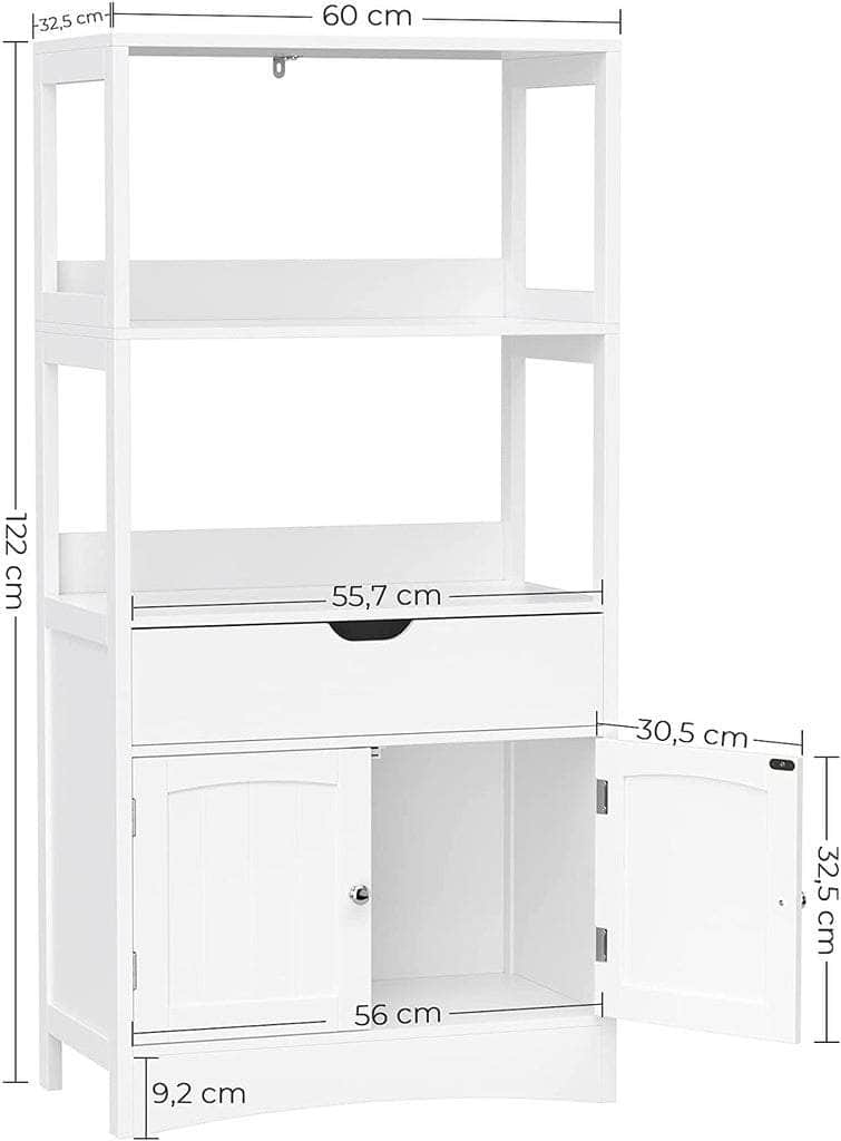 Floor Cabinet with Drawer 2 Open Shelves and Double Doors White BBC64WT