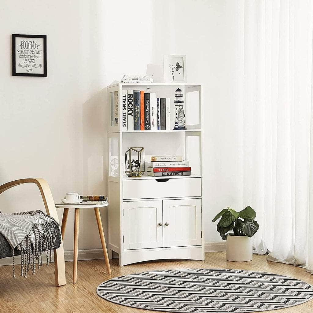 Floor Cabinet with Drawer 2 Open Shelves and Double Doors White BBC64WT