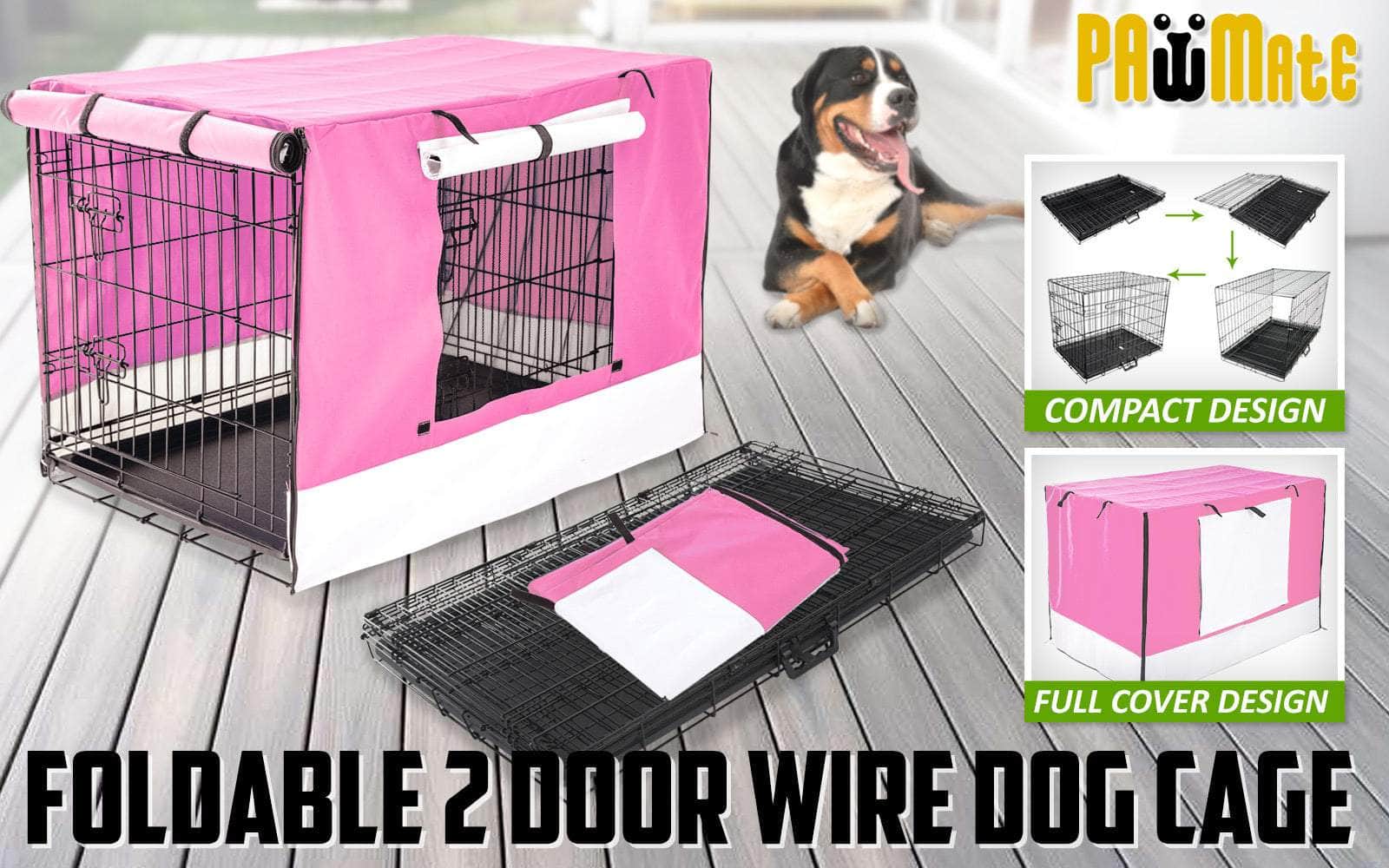 Foldable 30in Wire Dog Crate w/ Tray & Pink Cover