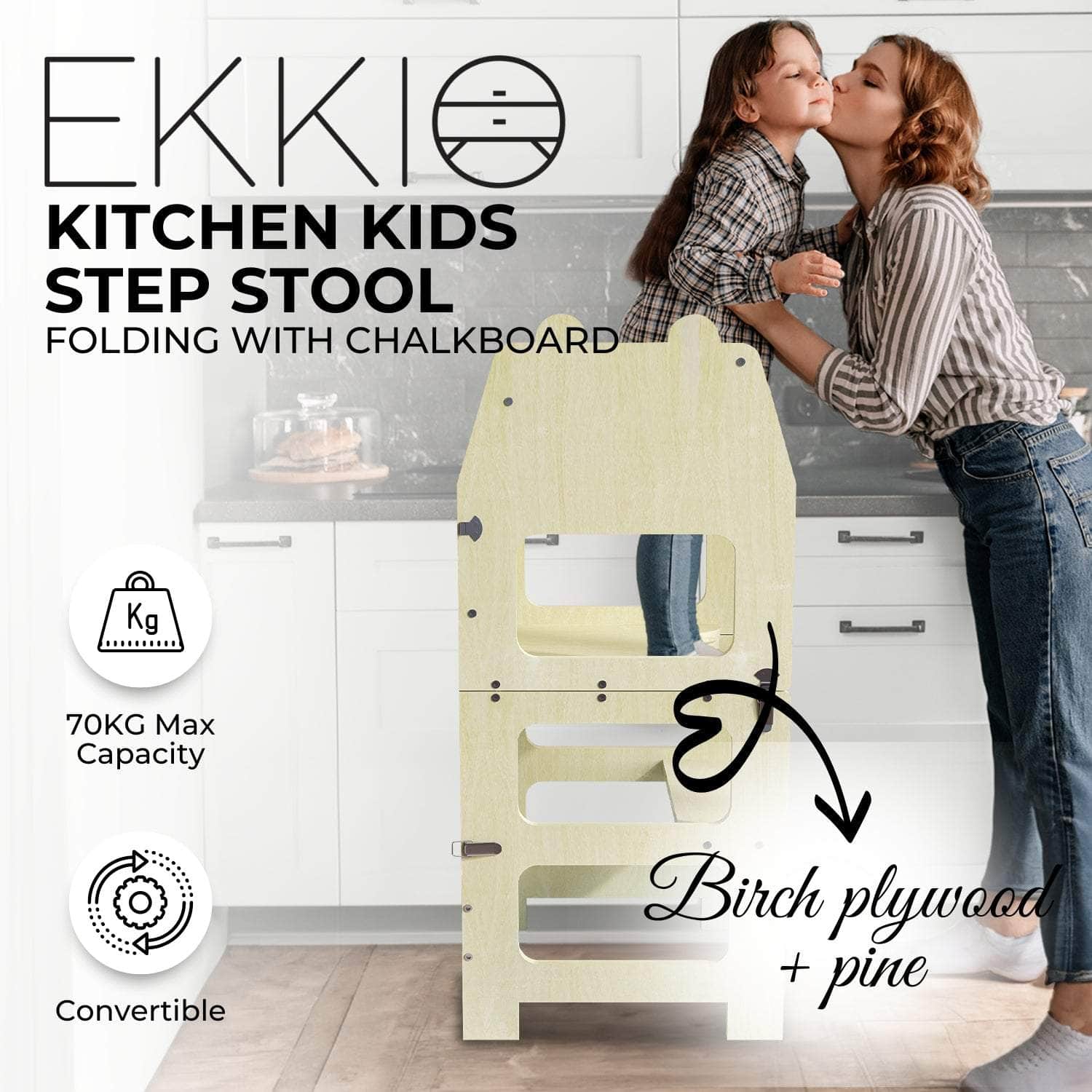 Folding Kitchen Kids Step Stool With Chalkboard - Bear Ear Design (Wood Color)