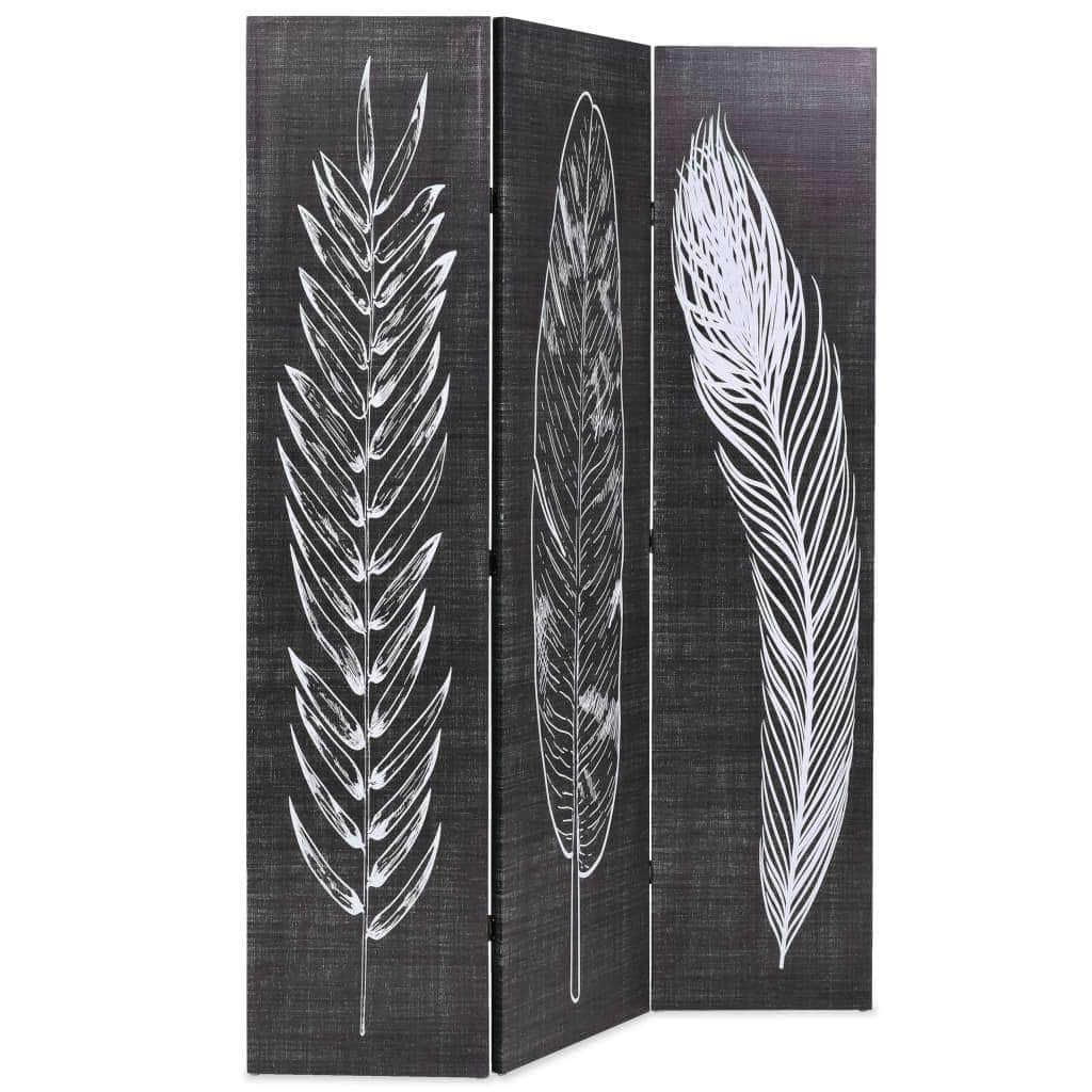 Folding Room Divider  Feathers Black and White