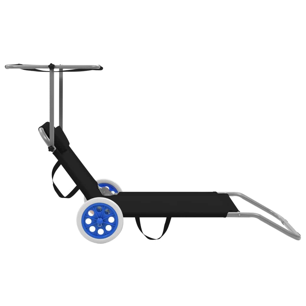 Folding Sun Lounger with Canopy and Wheels Steel Black - Simple deals