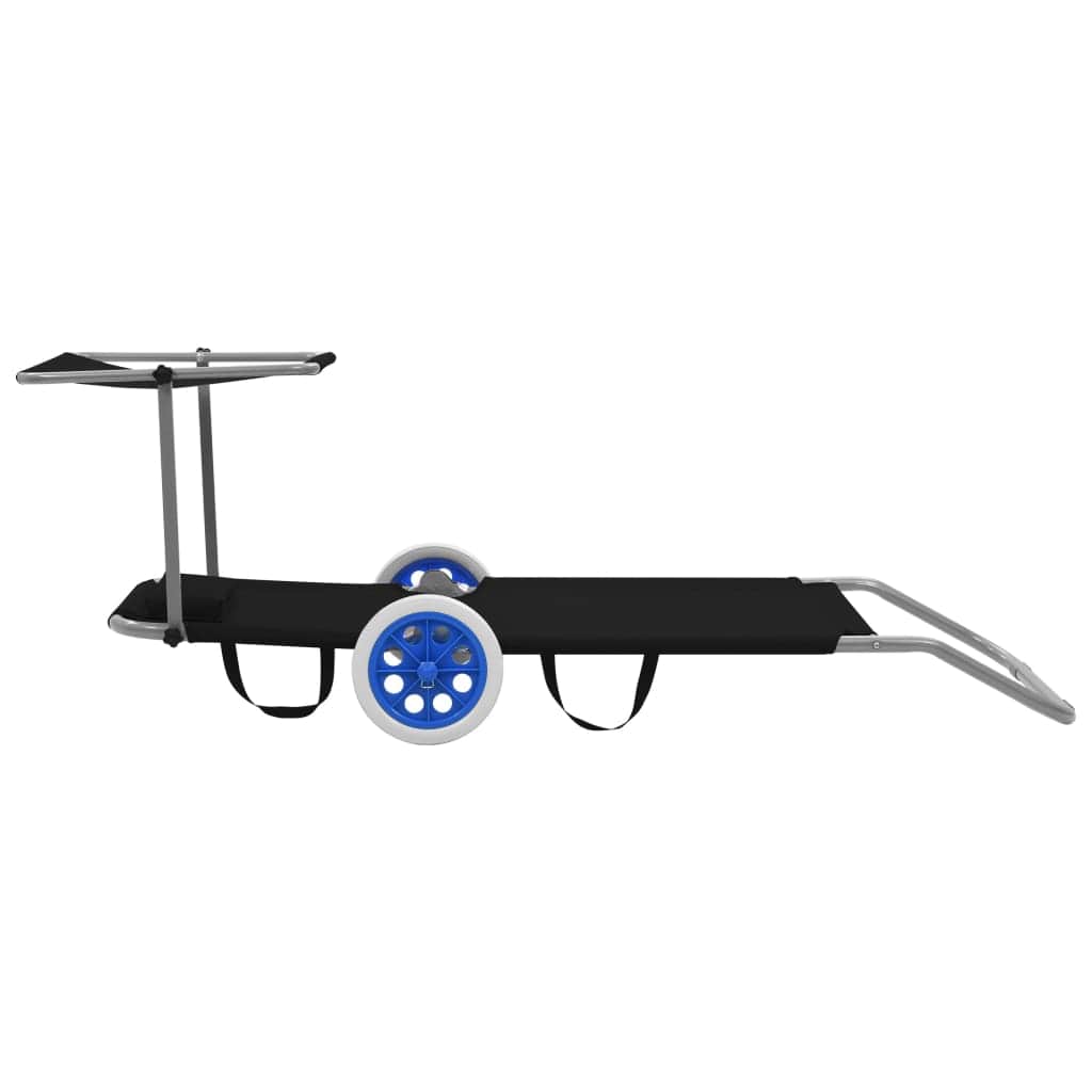 Folding Sun Lounger with Canopy and Wheels Steel Black - Simple deals