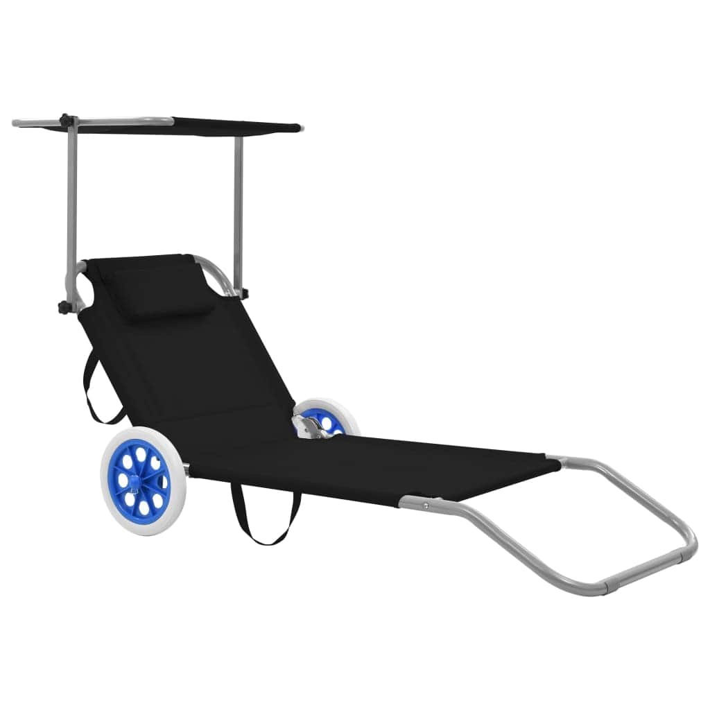 Folding Sun Lounger with Canopy and Wheels Steel Black - Simple deals