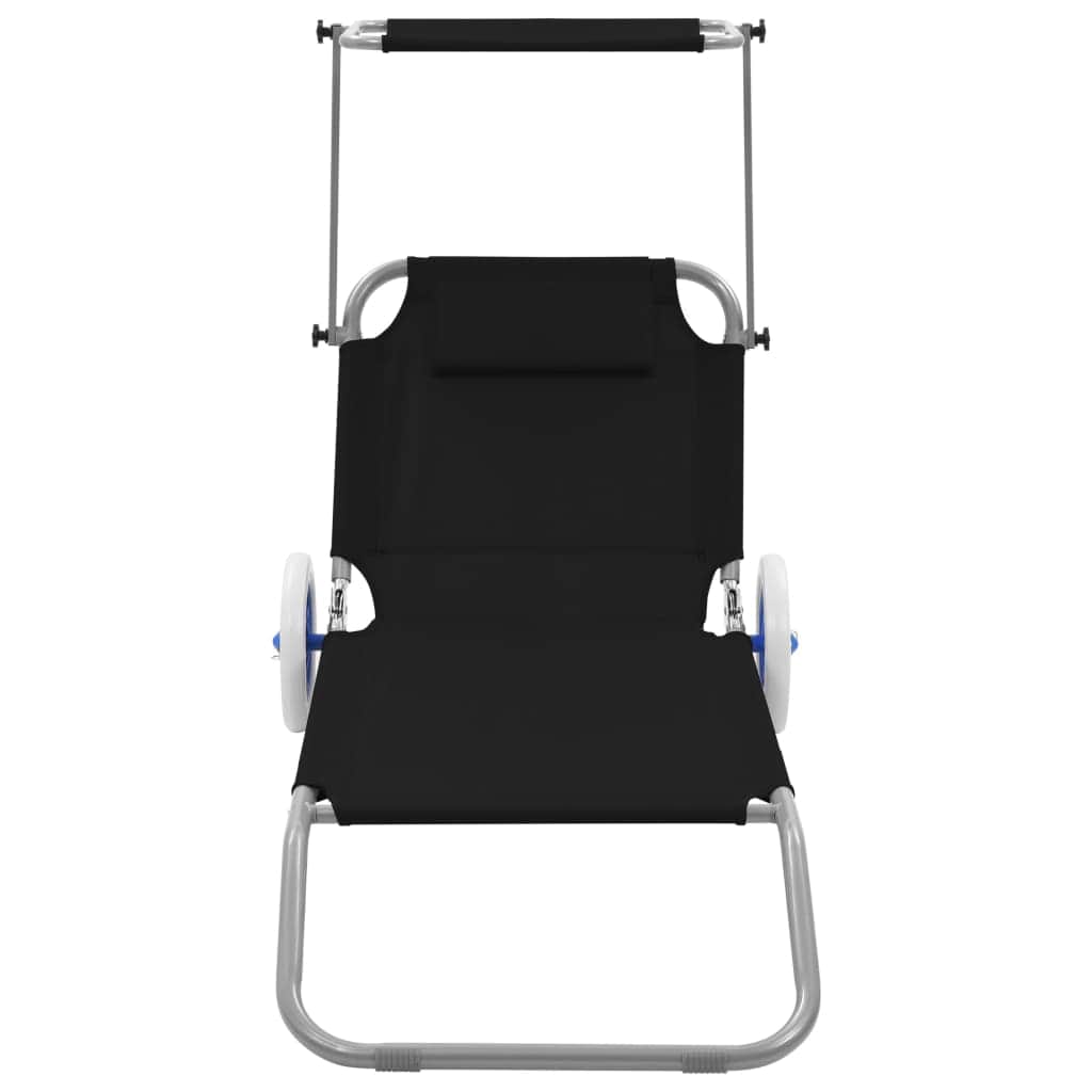 Folding Sun Lounger with Canopy and Wheels Steel Black - Simple deals