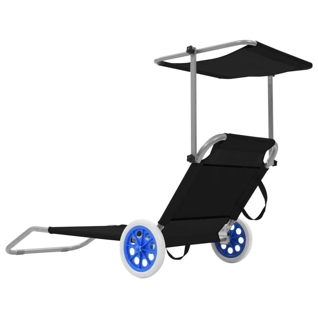 Folding Sun Lounger with Canopy and Wheels Steel Black - Simple deals