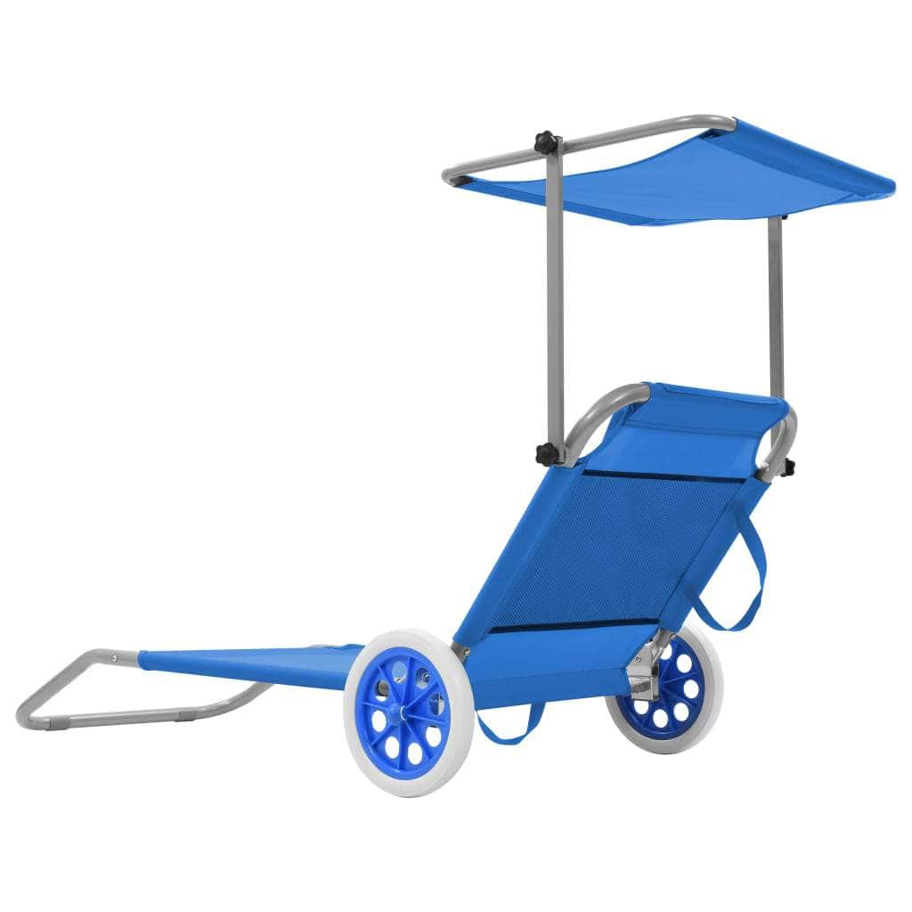 Folding Sun Lounger with Canopy and Wheels Steel Blue - Simple deals