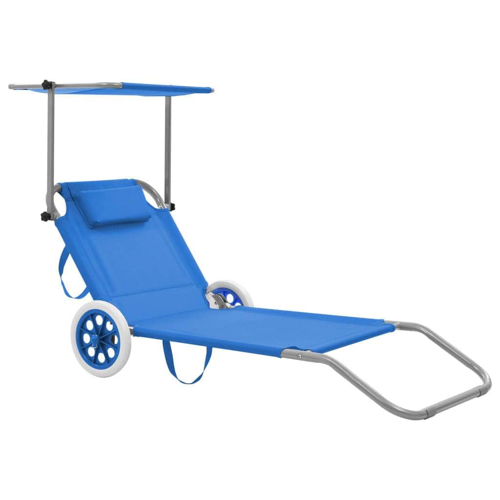 Folding Sun Lounger with Canopy and Wheels Steel Blue - Simple deals