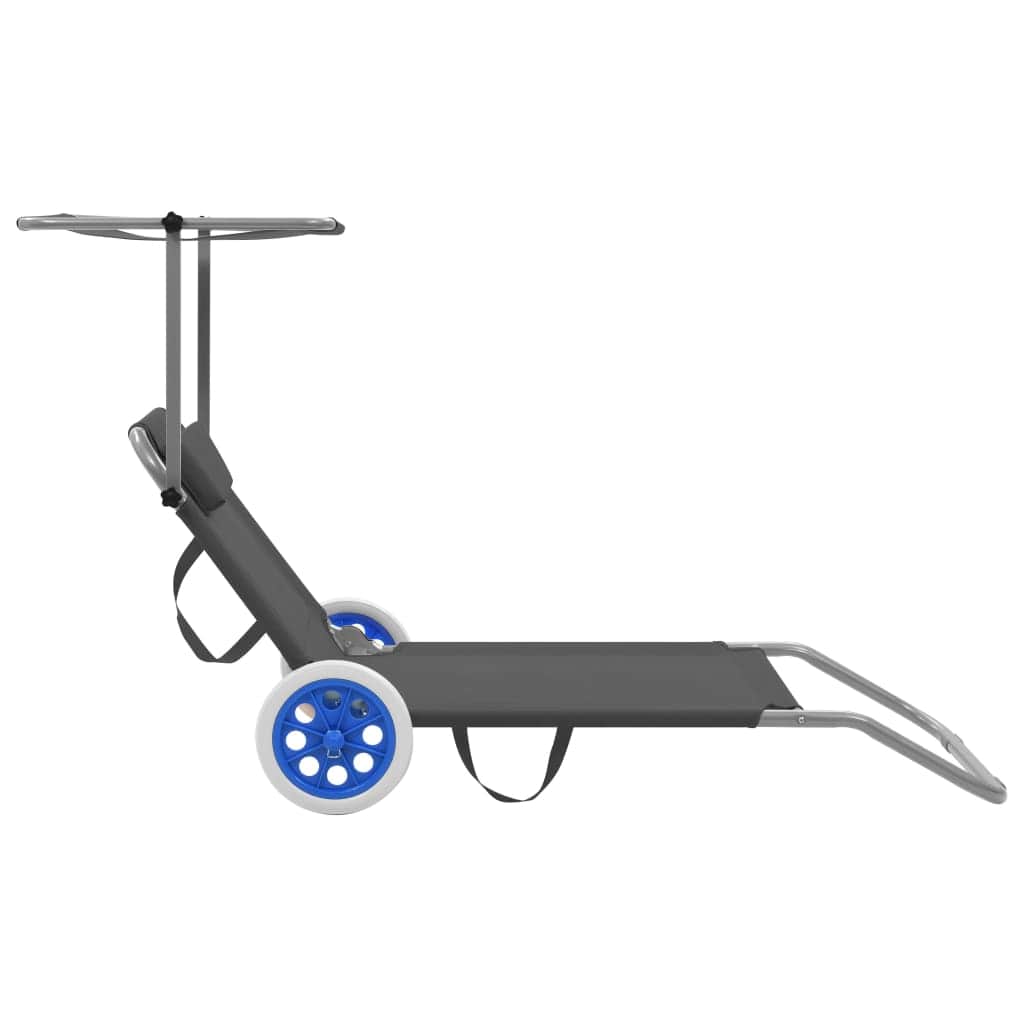 Folding Sun Lounger with Canopy and Wheels Steel Grey - Simple deals