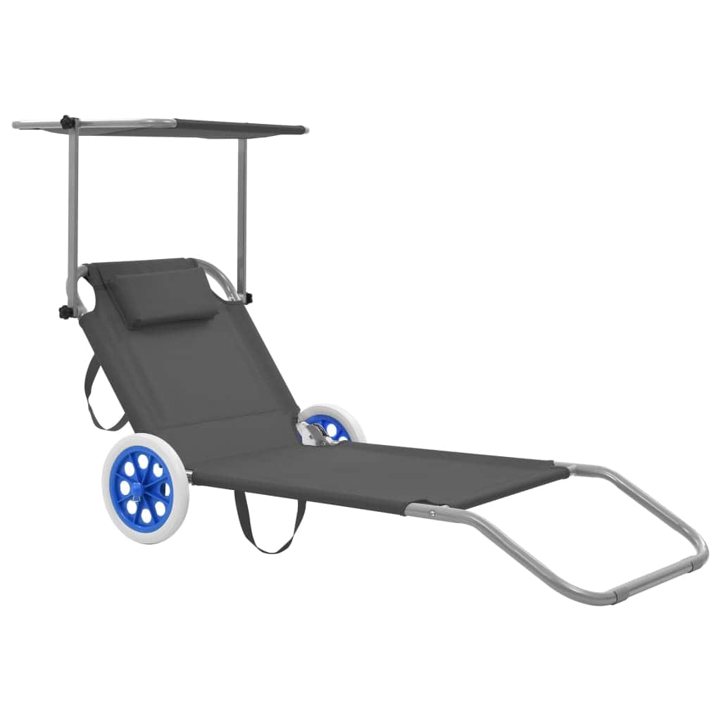 Folding Sun Lounger with Canopy and Wheels Steel Grey - Simple deals
