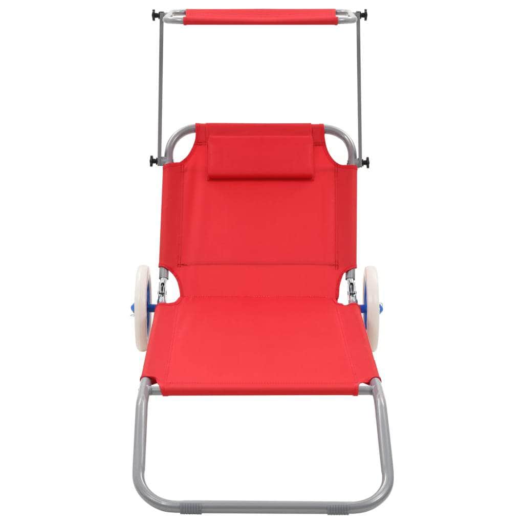 Folding Sun Lounger with Canopy and Wheels Steel Red - Simple deals