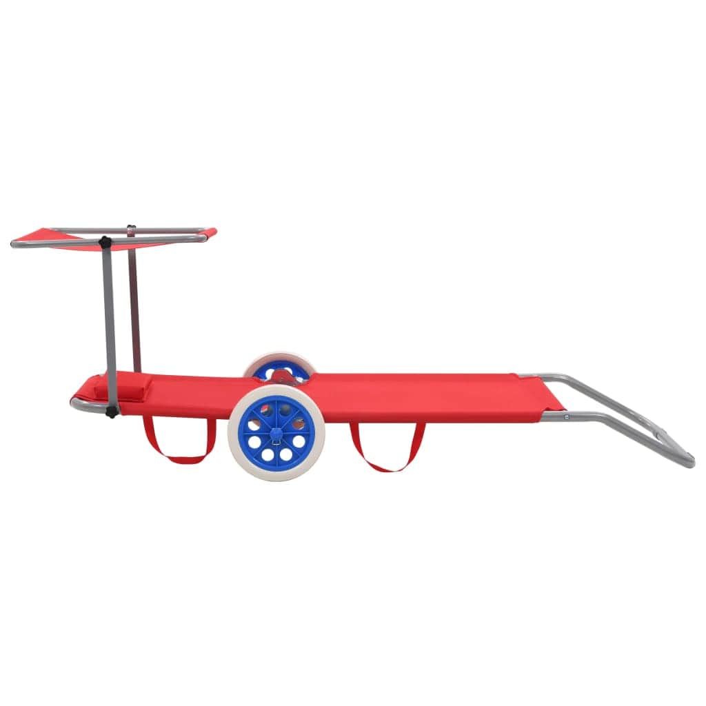 Folding Sun Lounger with Canopy and Wheels Steel Red - Simple deals
