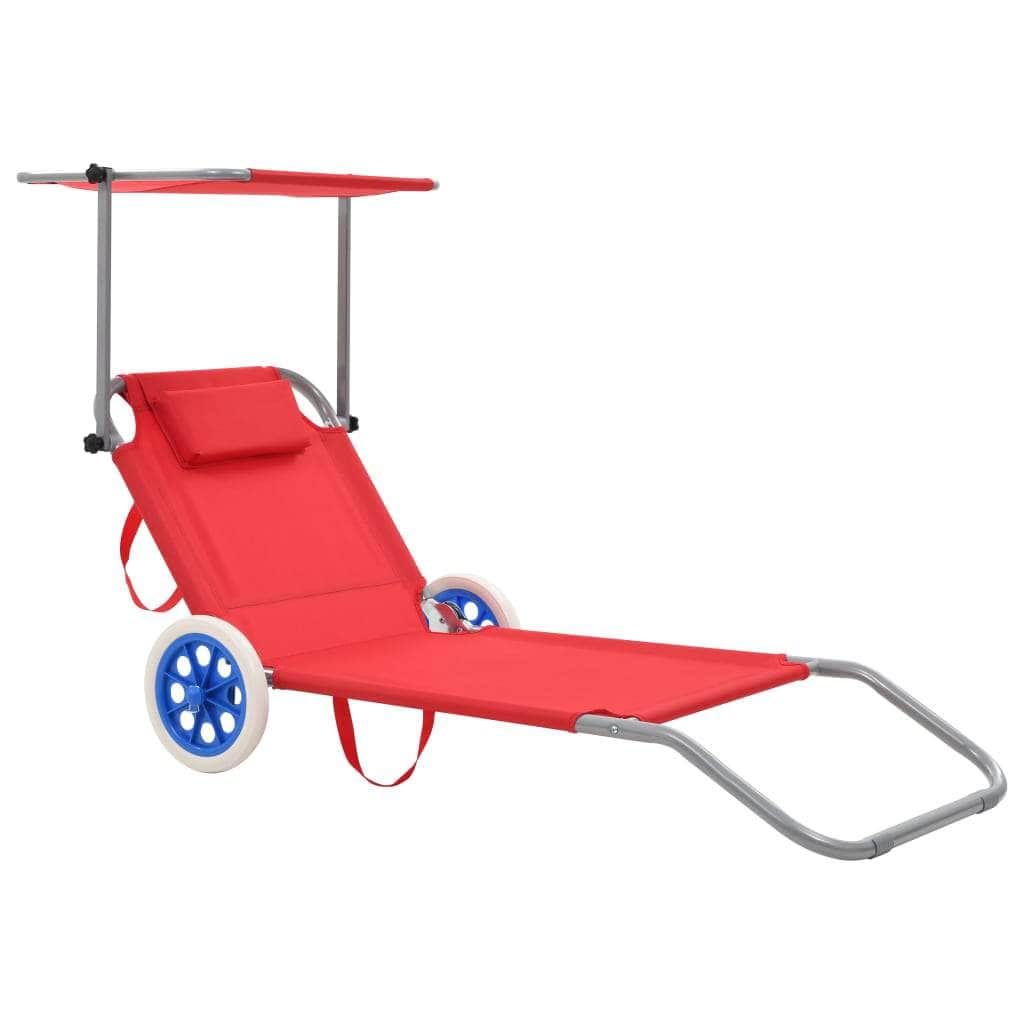 Folding Sun Lounger with Canopy and Wheels Steel Red - Simple deals