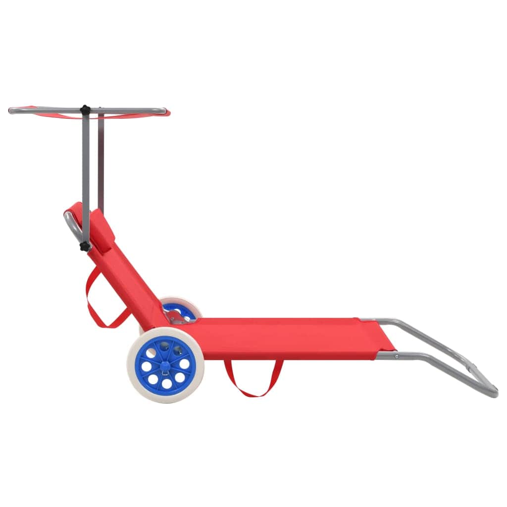 Folding Sun Lounger with Canopy and Wheels Steel Red - Simple deals