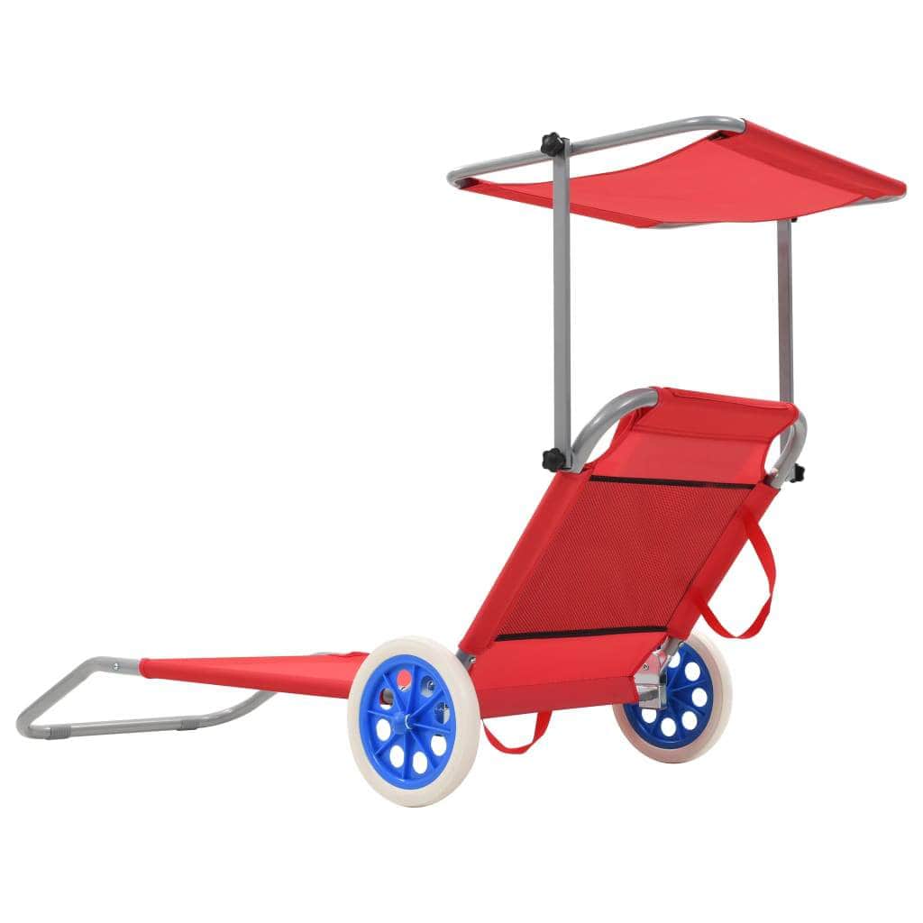 Folding Sun Lounger with Canopy and Wheels Steel Red - Simple deals