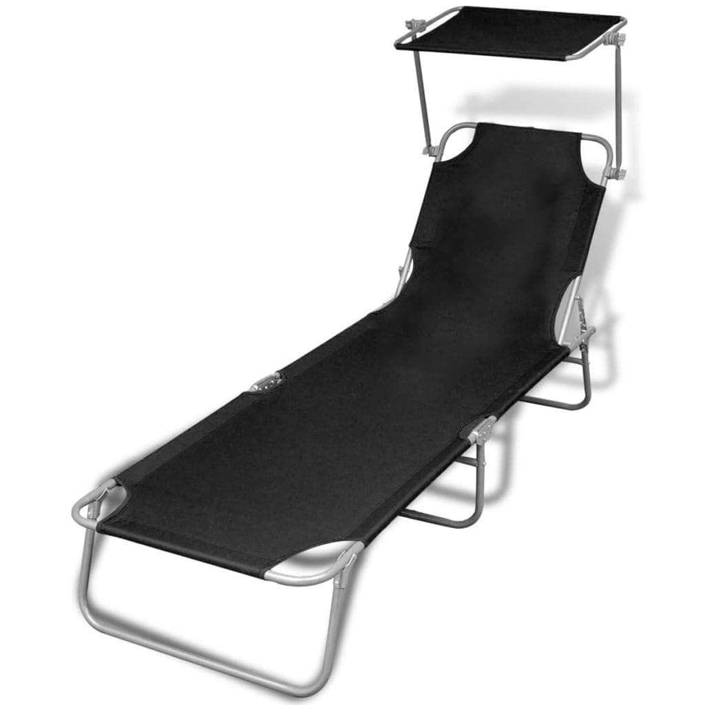 Folding Sun Lounger with Canopy Steel and Fabric Black - Simple deals