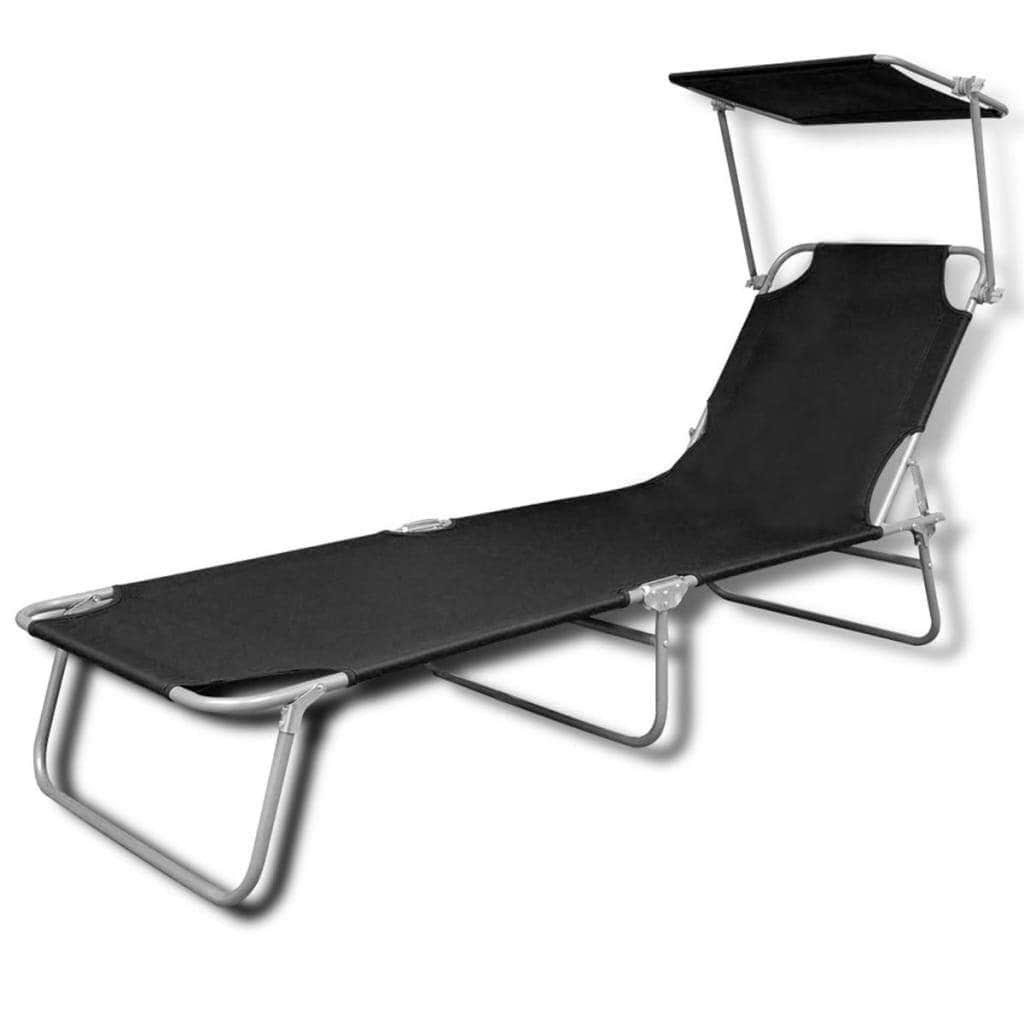 Folding Sun Lounger with Canopy Steel and Fabric Black - Simple deals