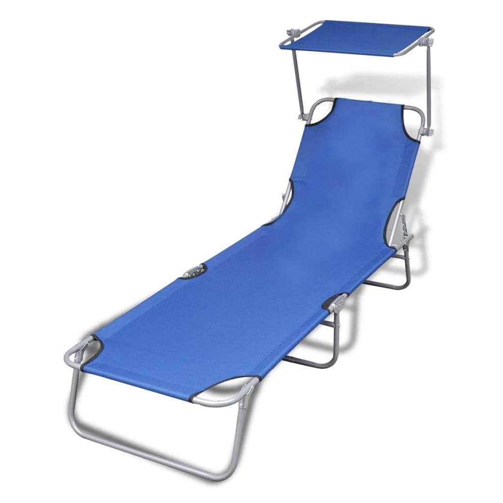Folding Sun Lounger with Canopy Steel and Fabric Blue - Simple deals